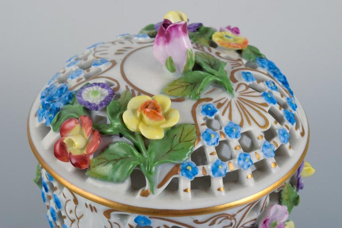 20th Century Dresden, Germany, openwork porcelain jar with flowers in relief.  For Sale