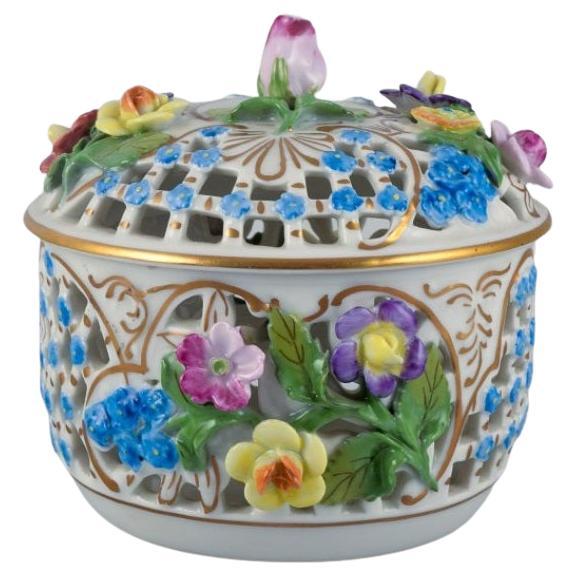 Dresden, Germany, openwork porcelain jar with flowers in relief.  For Sale