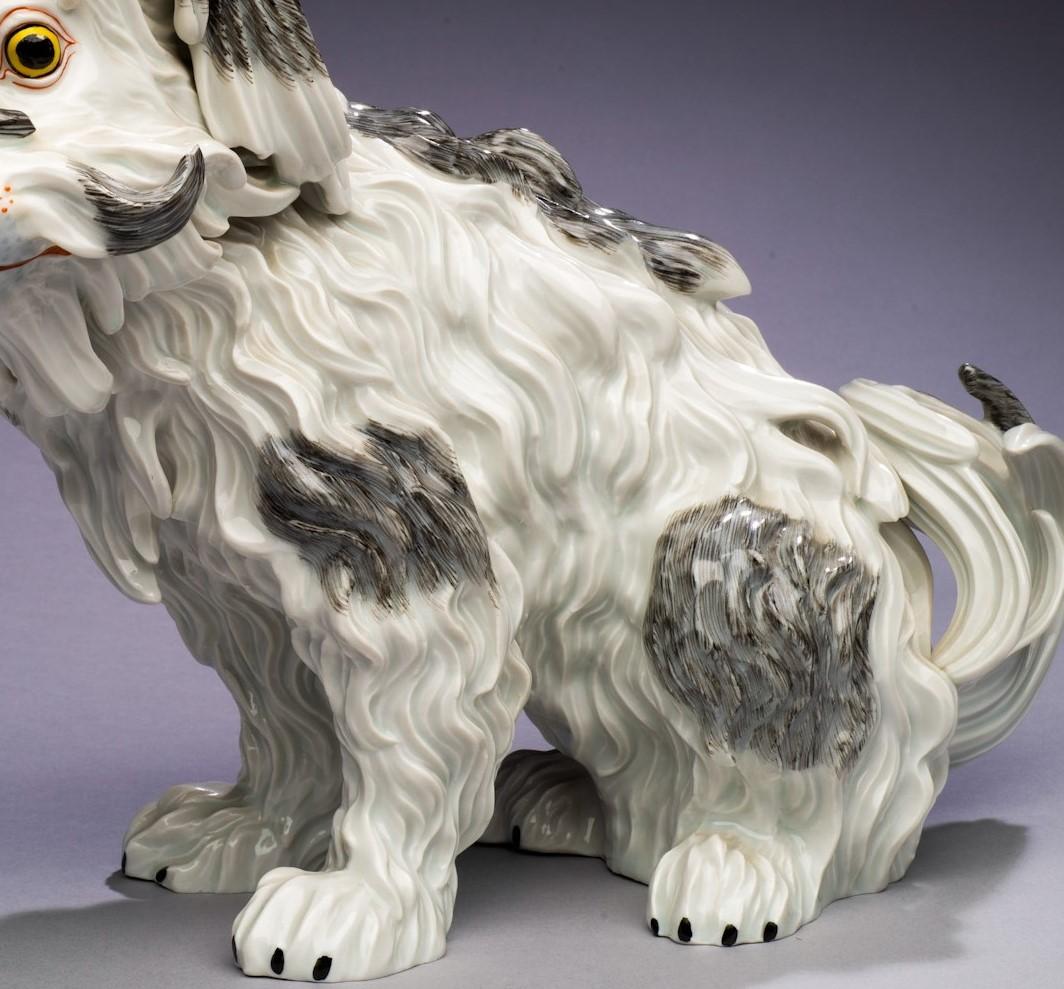 Antique Bolognese Dog- Dresden Porcelain- 
After Meissen master artist Johann Joachim Kändler (1706-1775).

Carl Thieme founded Saxon Porcelain Manufactory in 1872 in the city of Potschappel, Germany. He began with the production of decorative