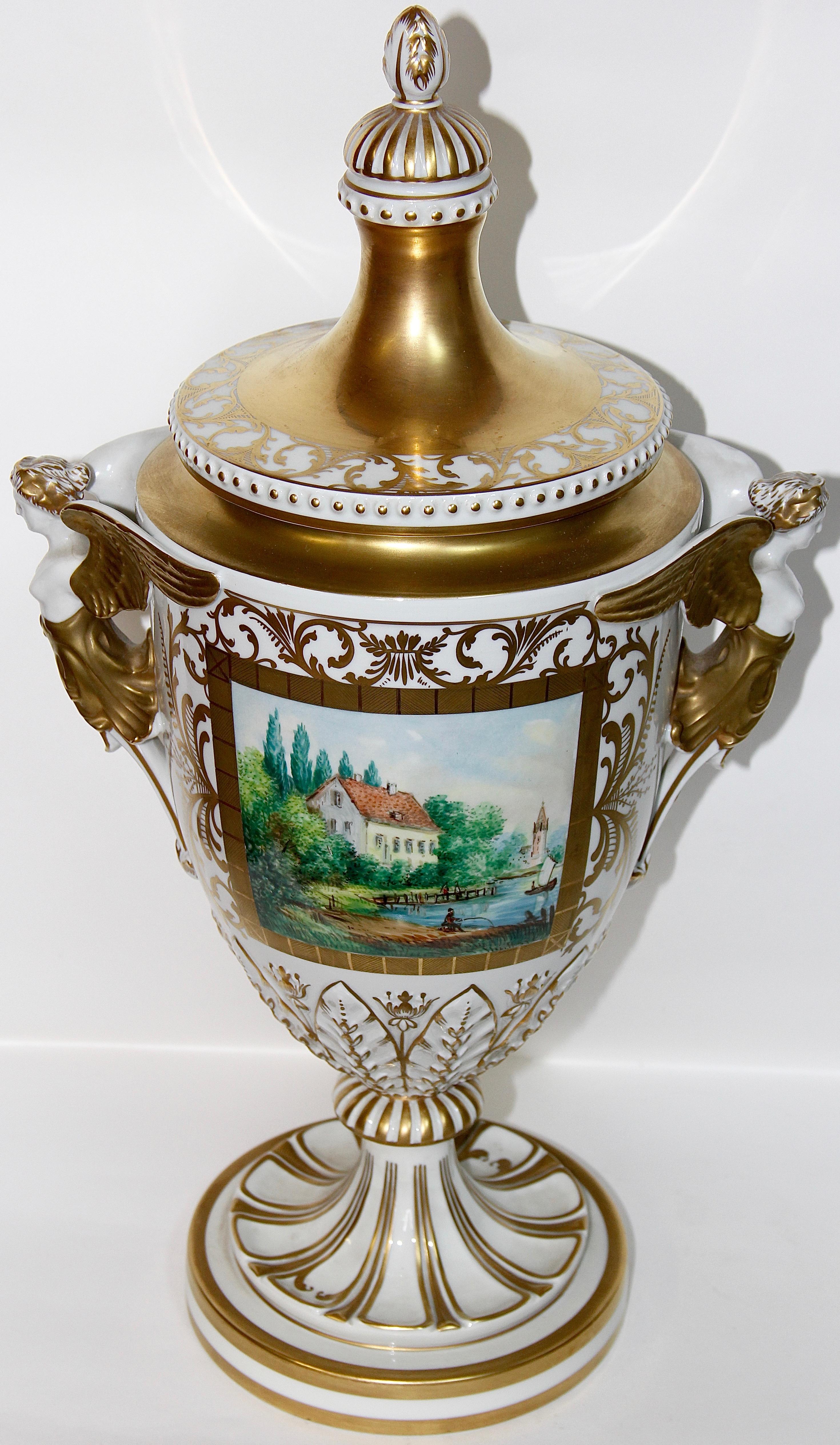 Magnificent Dresden Porcelain, amphora, lid vase, urn with gold painting.