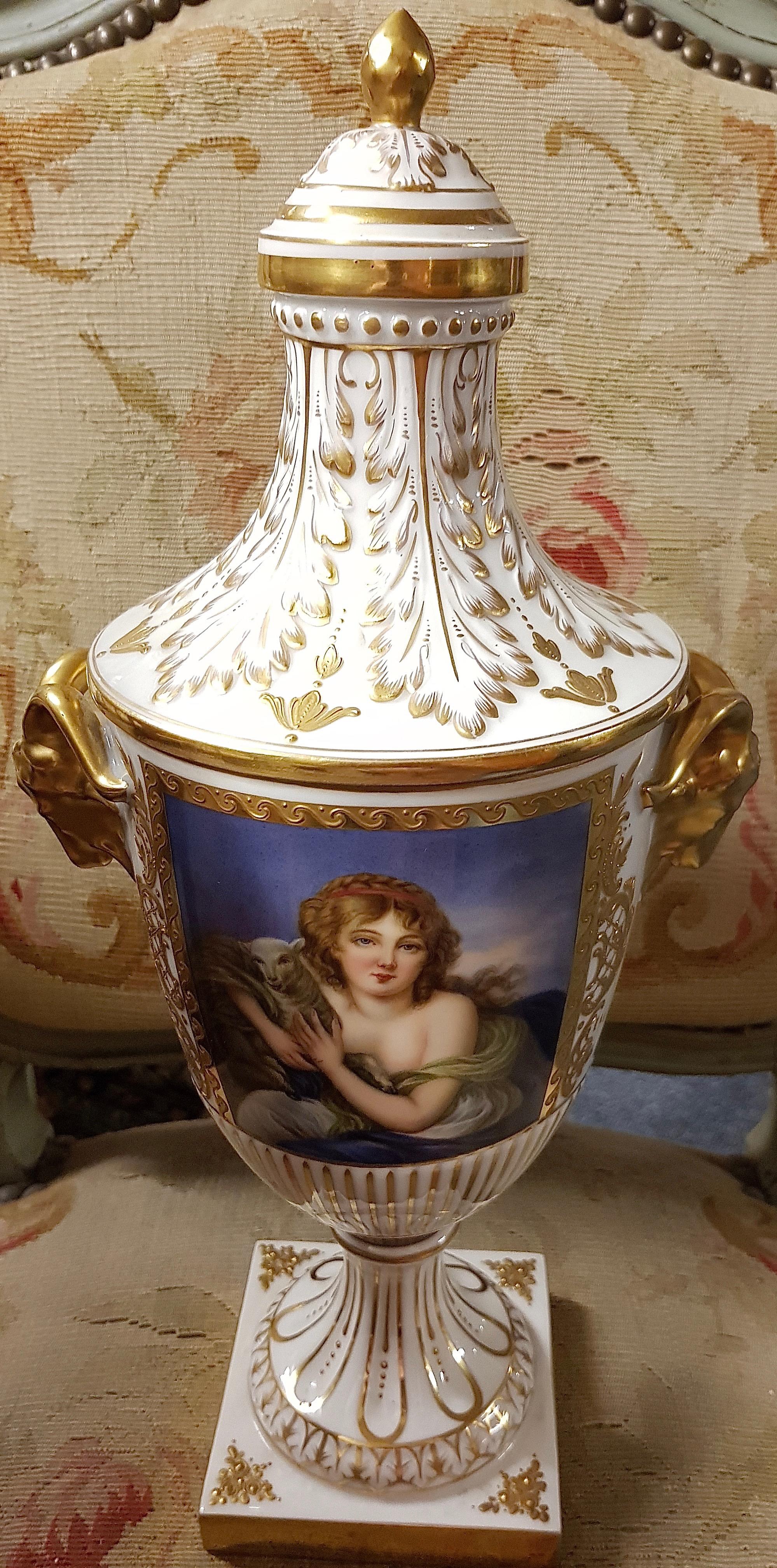 20th Century Dresden Porcelain, Amphora, Lid Vase, Urn, with Gold Painting For Sale