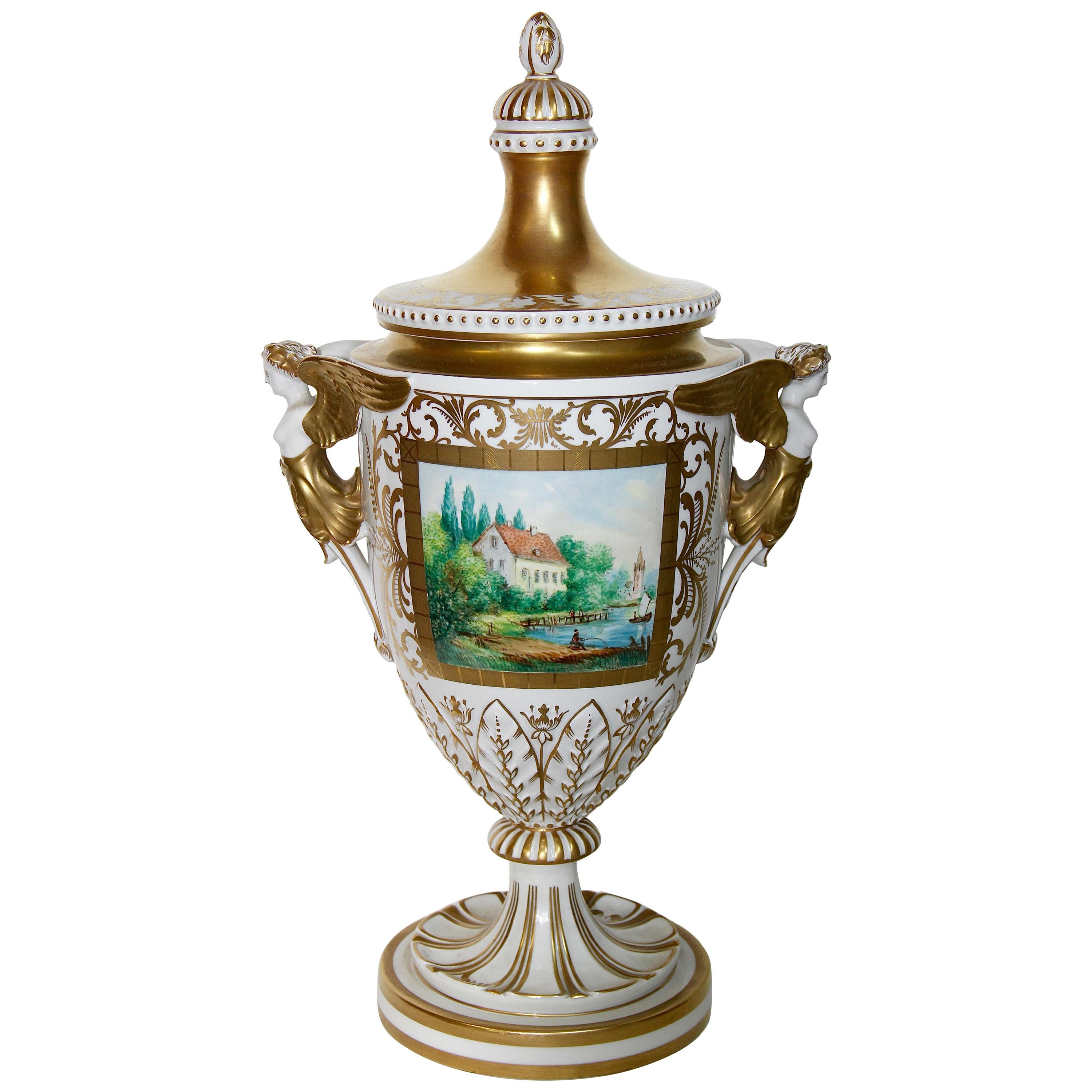 Dresden Porcelain, Amphora, Lid Vase, Urn, with Gold Painting For Sale