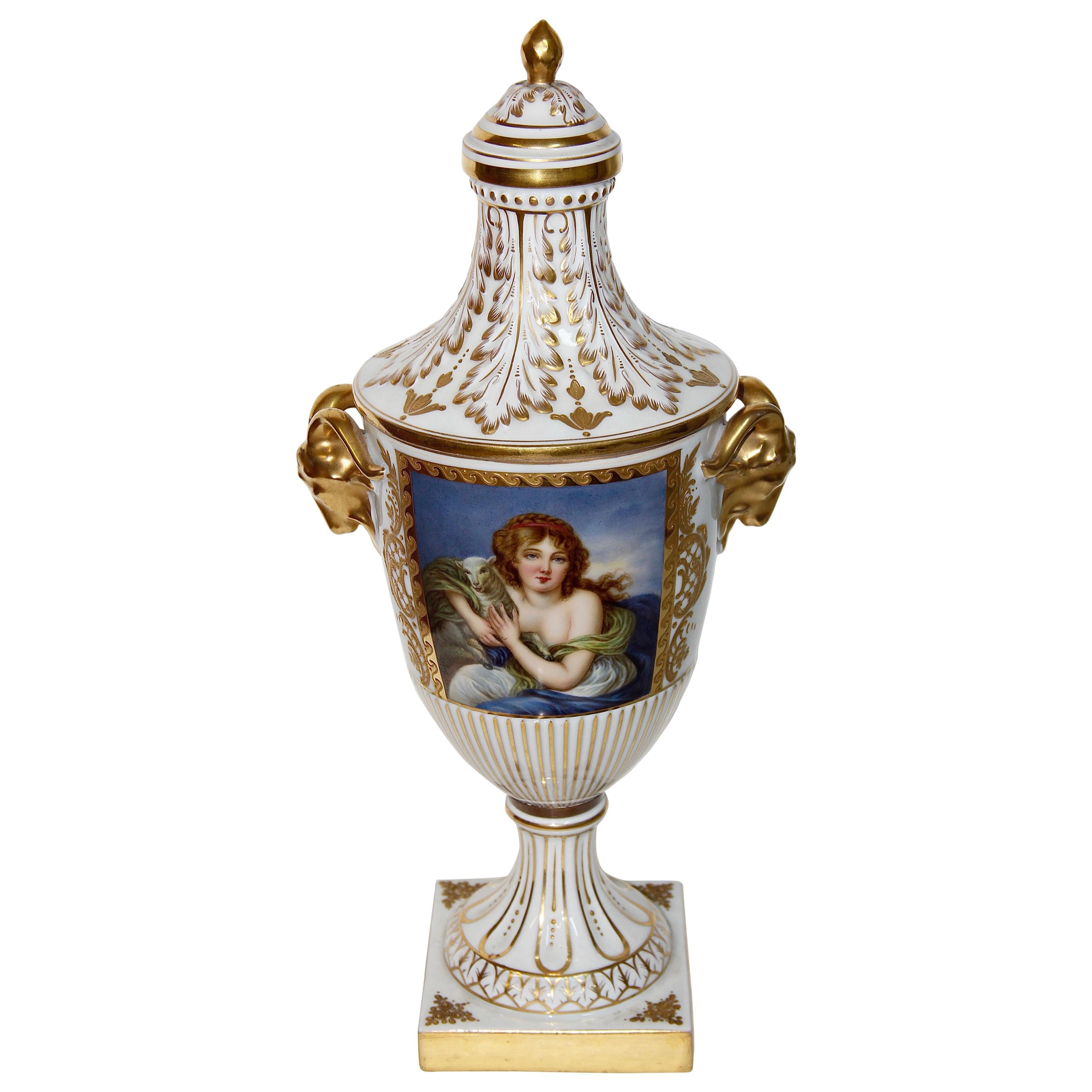 Dresden Porcelain, Amphora, Lid Vase, Urn, with Gold Painting For Sale