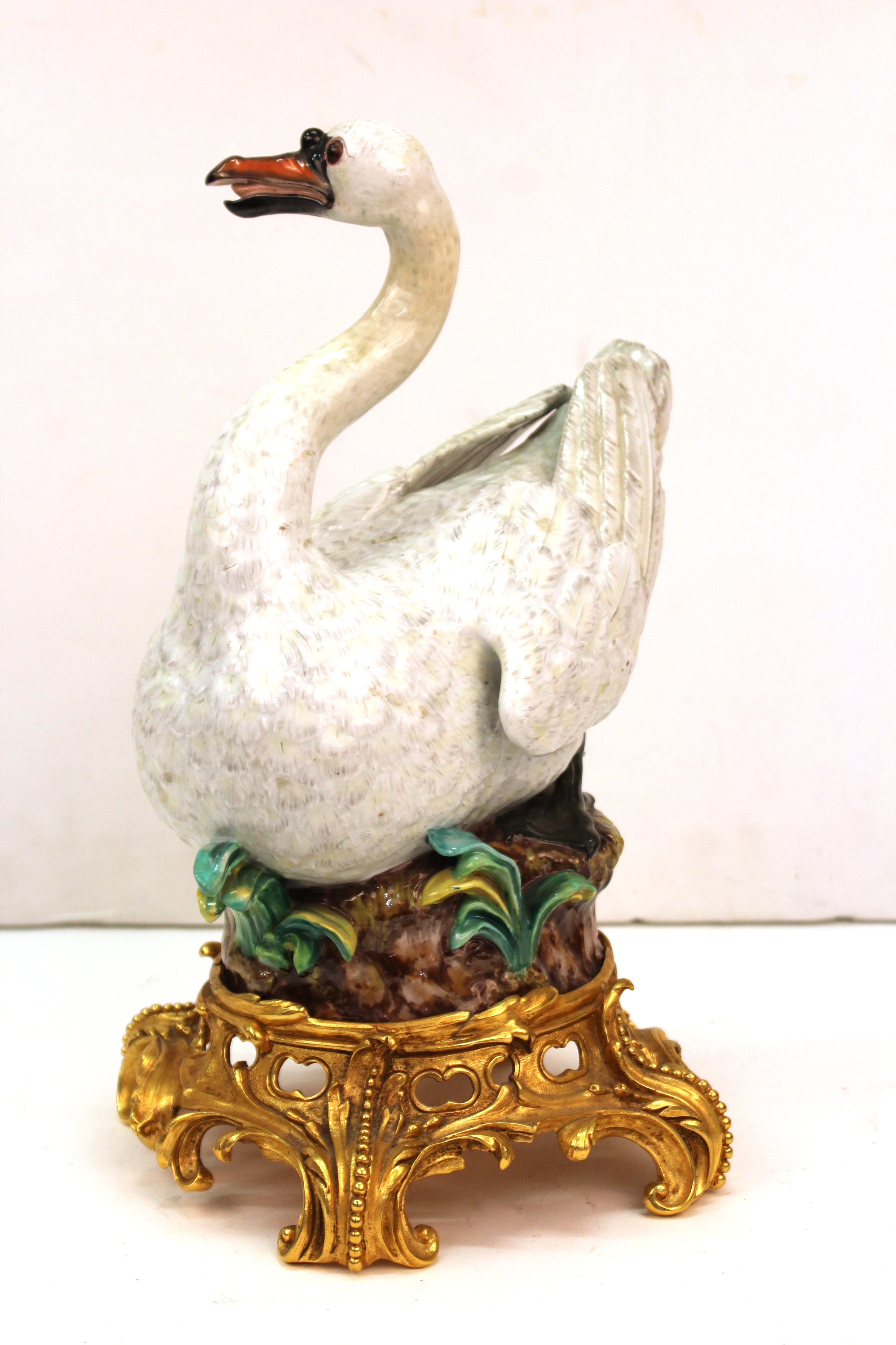 German Dresden Porcelain Baroque Style Swan Sculpture on Gilt Bronze Base