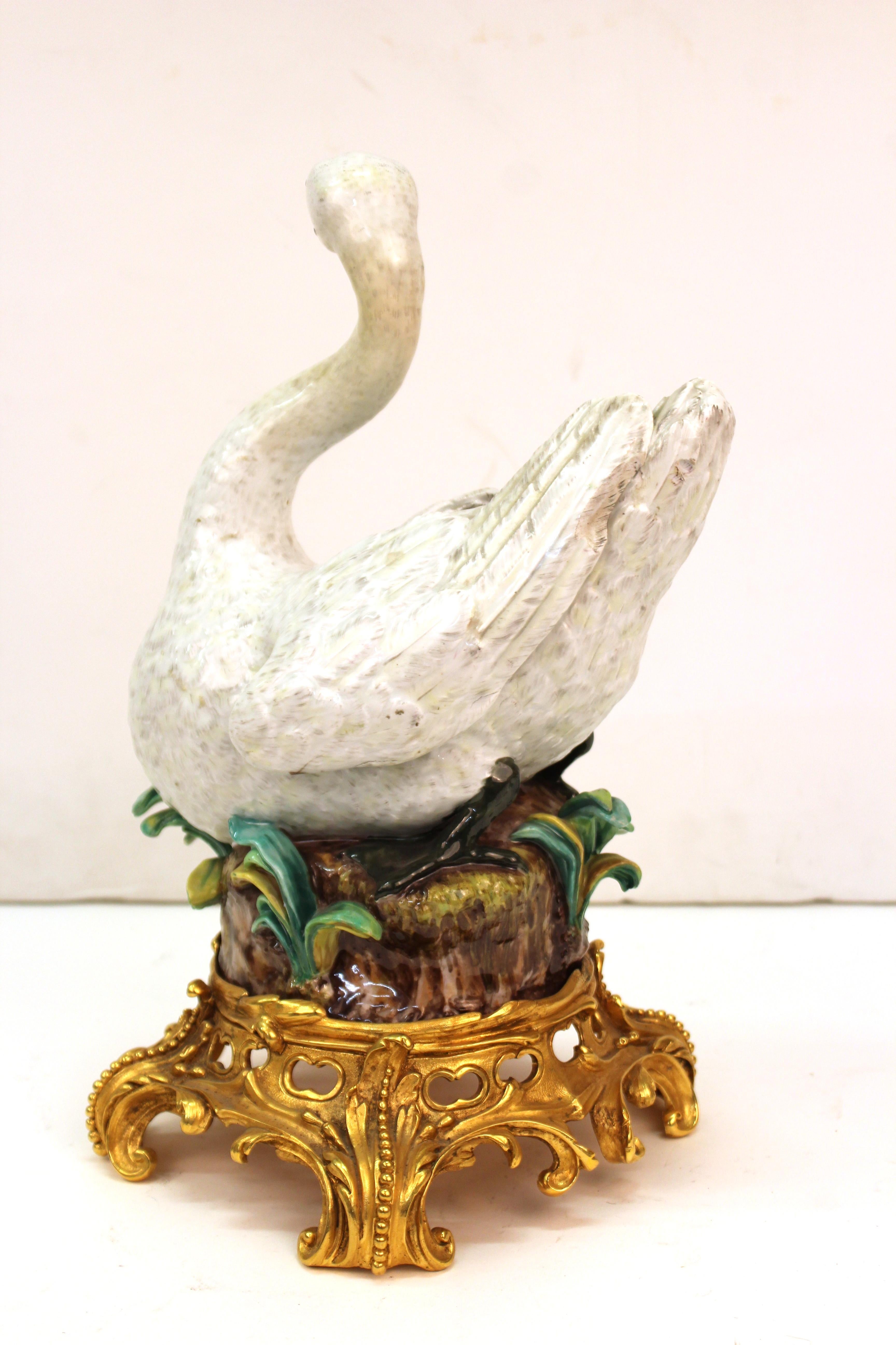 Dresden Porcelain Baroque Style Swan Sculpture on Gilt Bronze Base In Good Condition In New York, NY