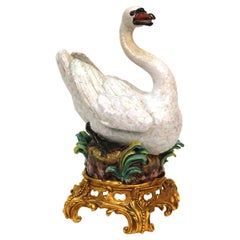 Dresden Porcelain Baroque Style Swan Sculpture on Gilt Bronze Base