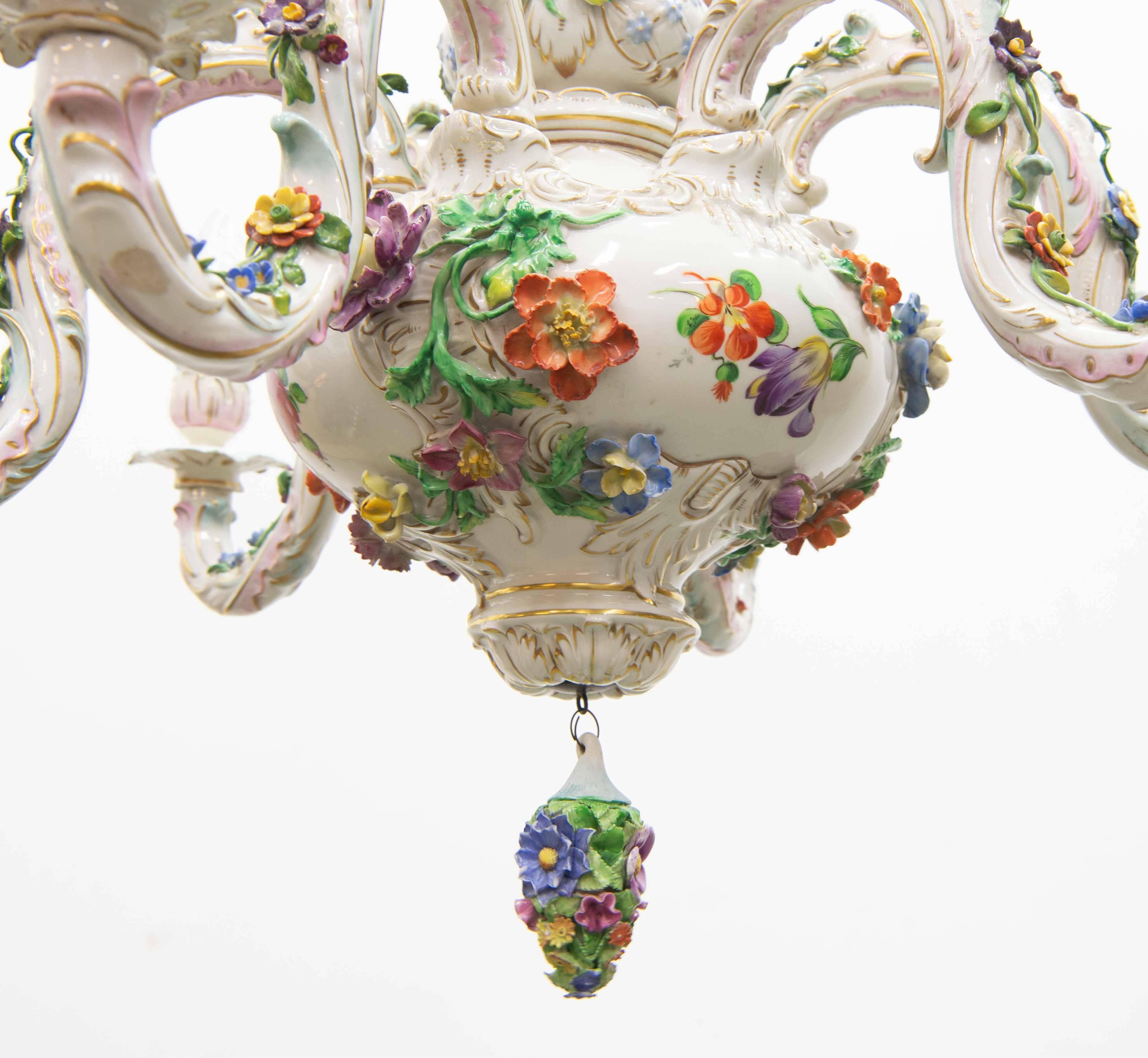 German Dresden Porcelain Chandelier with Polychrome Flowers, 1970