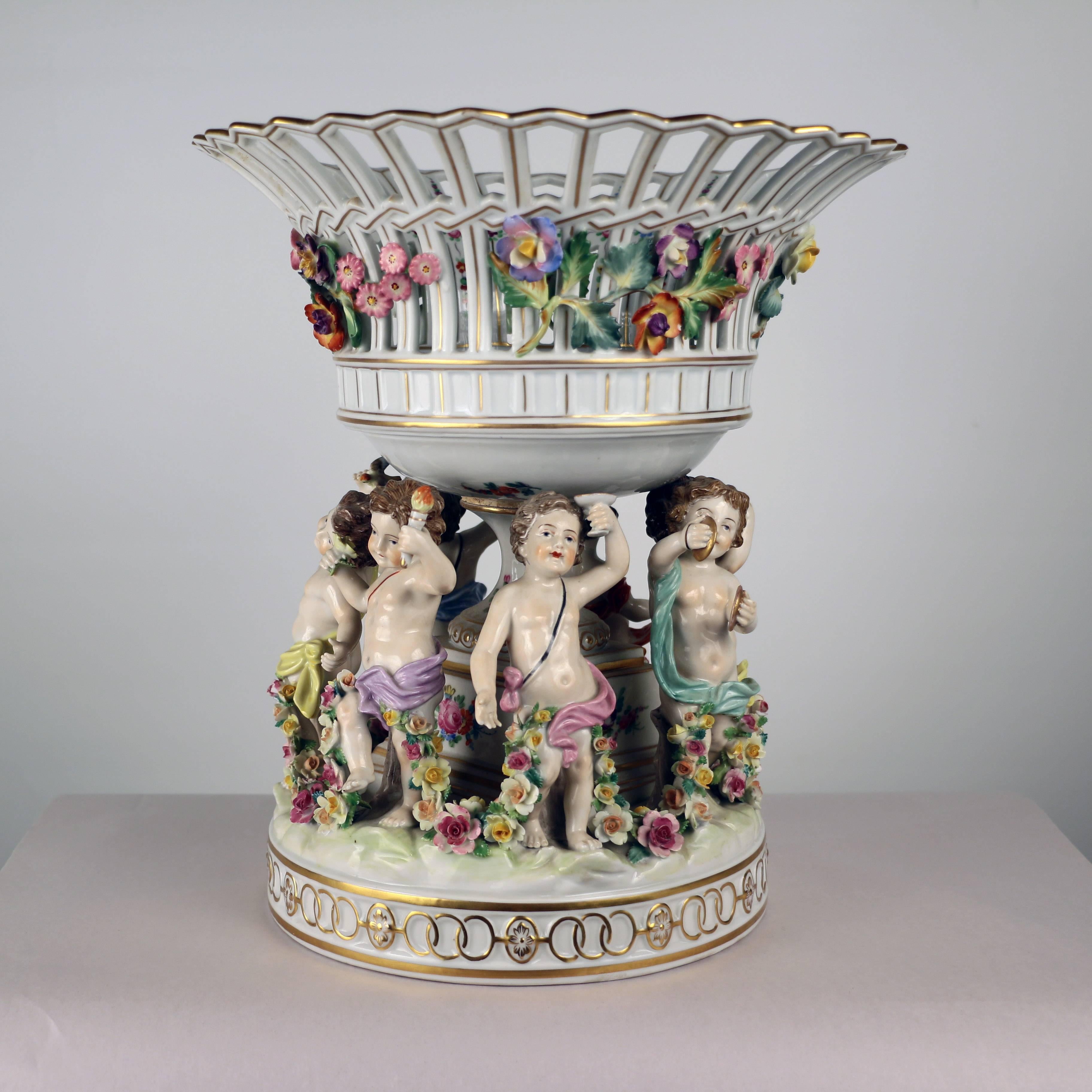 Dresden Porcelain Figural Centrepiece Raised Fruit Bowl For Sale 1