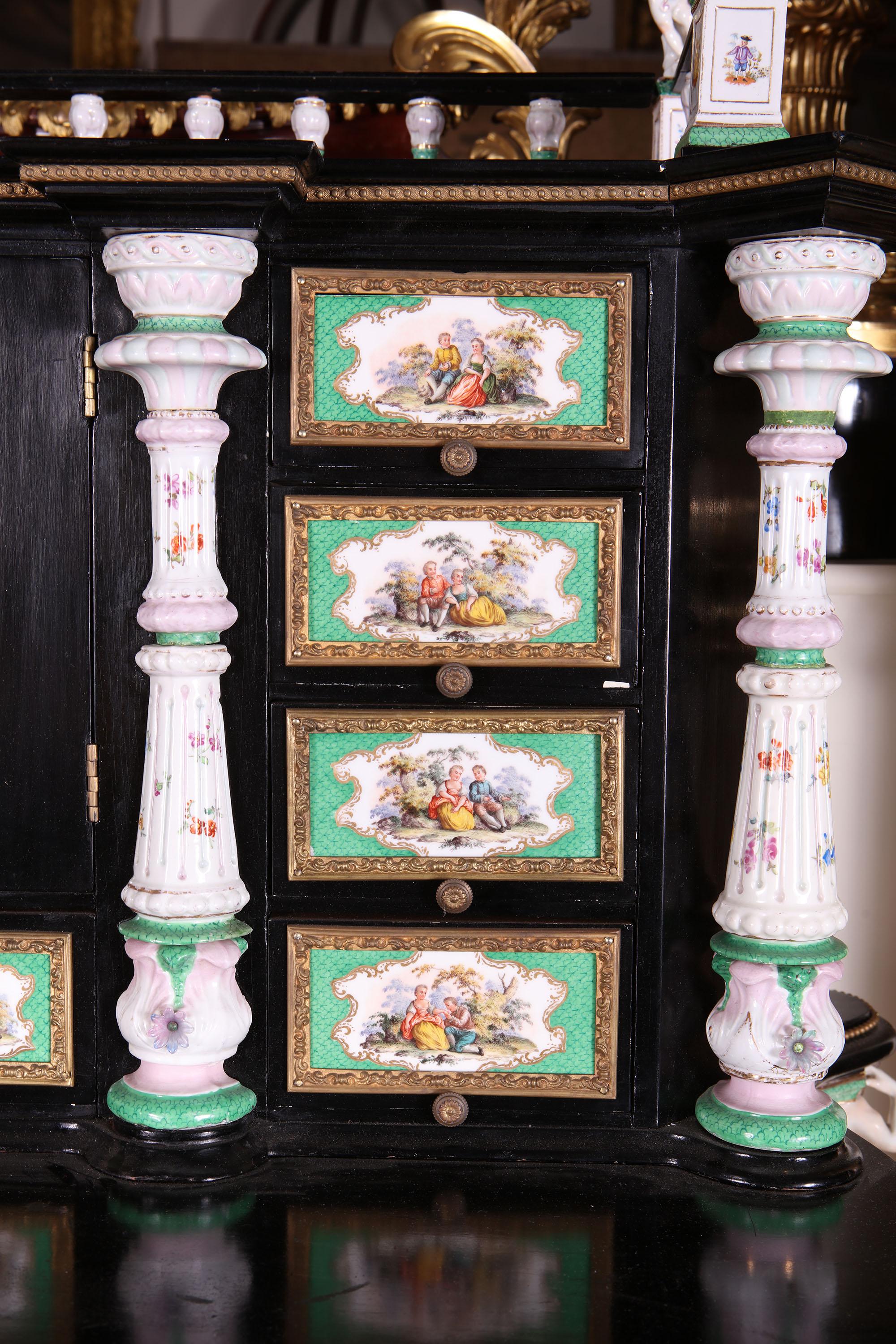 Dresden Porcelain Mounted Ebonised Bureau Cabinet In Good Condition For Sale In London, by appointment only