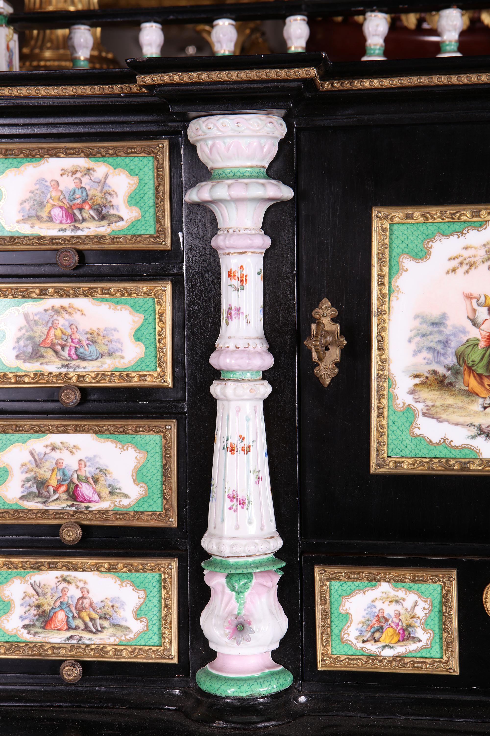 Dresden Porcelain Mounted Ebonised Bureau Cabinet For Sale 1