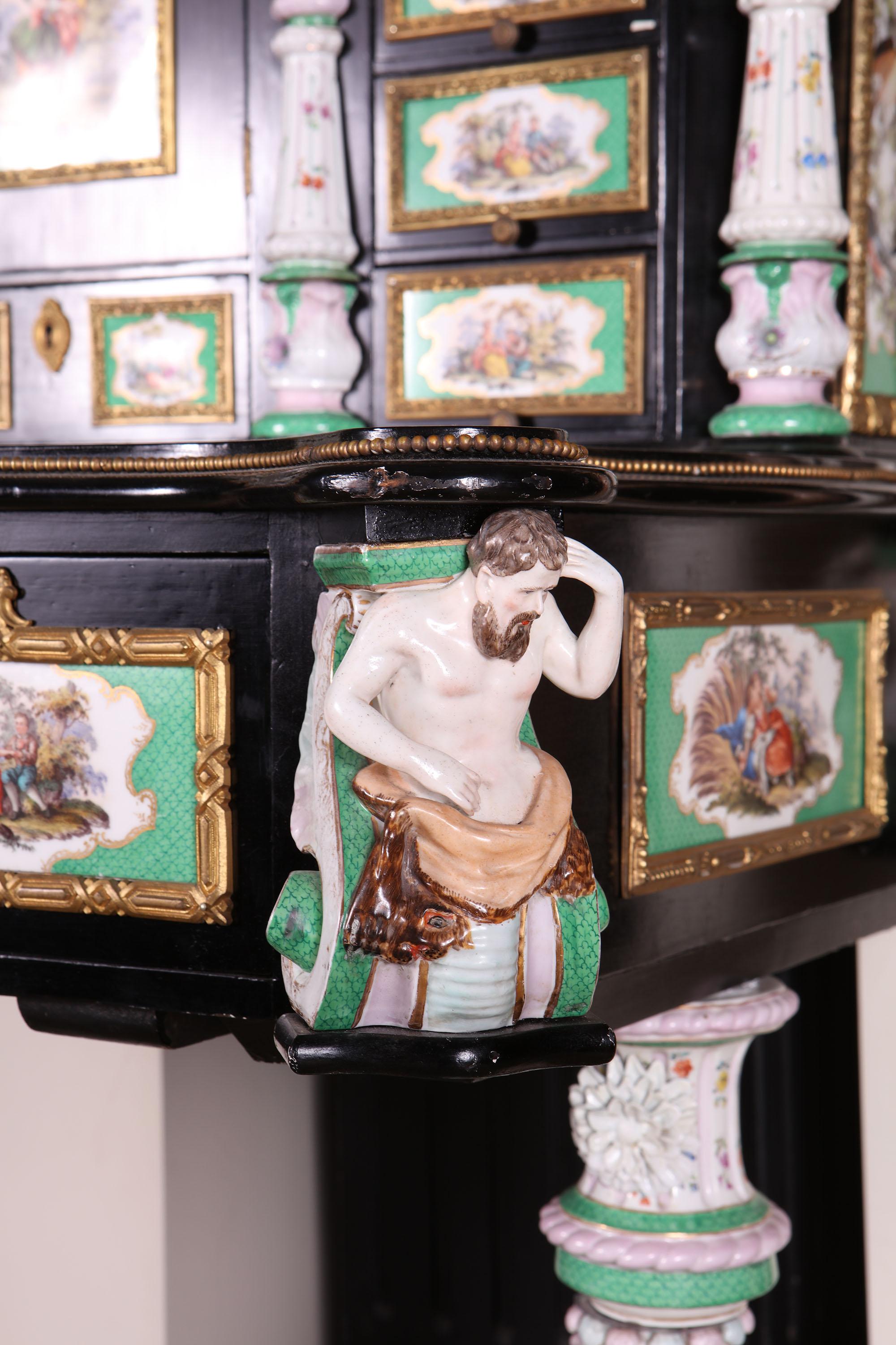 Dresden Porcelain Mounted Ebonised Bureau Cabinet For Sale 3