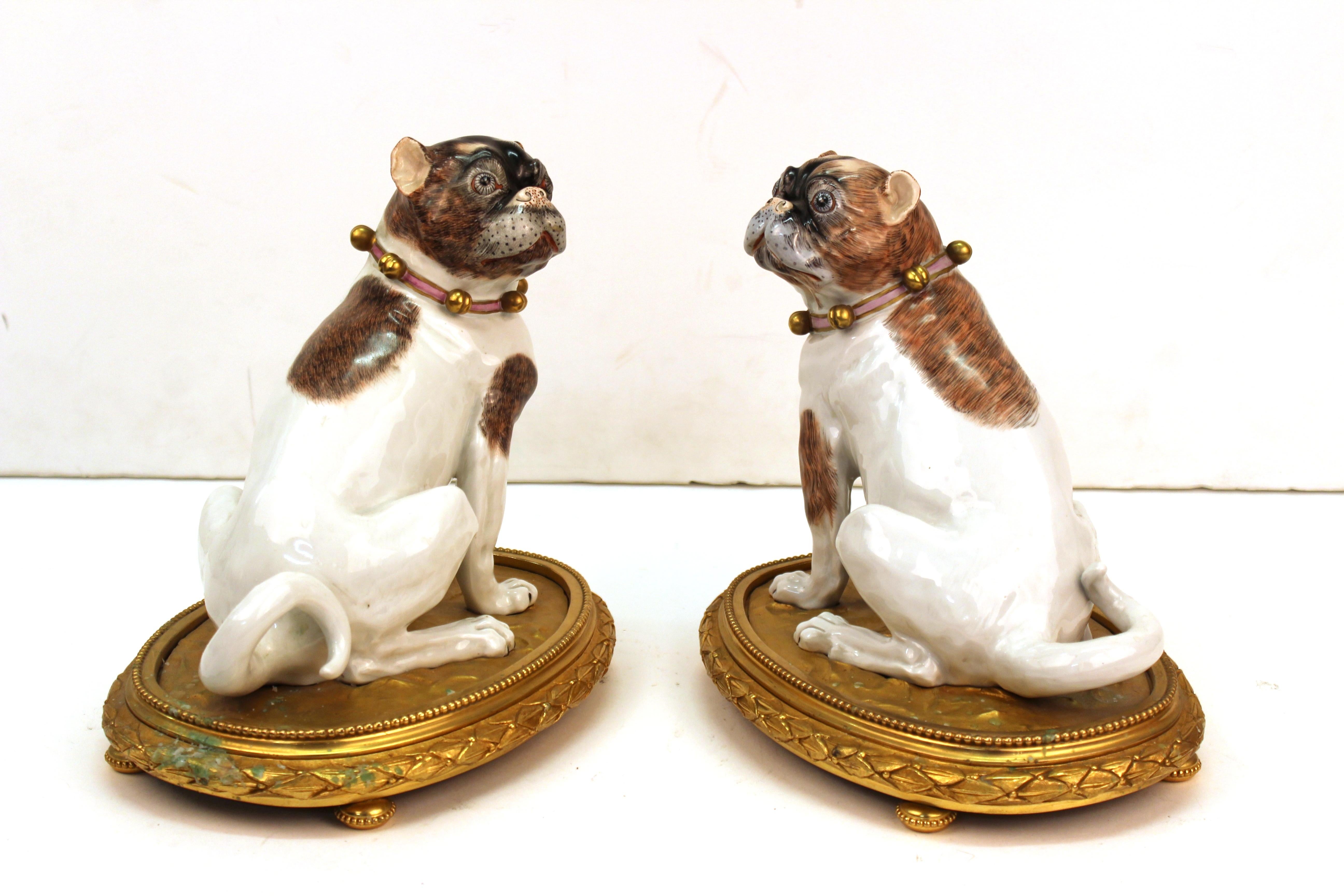 Pair of matching male and female pug dog figures in hand-painted porcelain made by Dresden Porcelain. The pair is wearing collars with gold bells and are seated atop heavy gilt bronze bases. Makers mark on each dog from the maker with 'SP' monogram