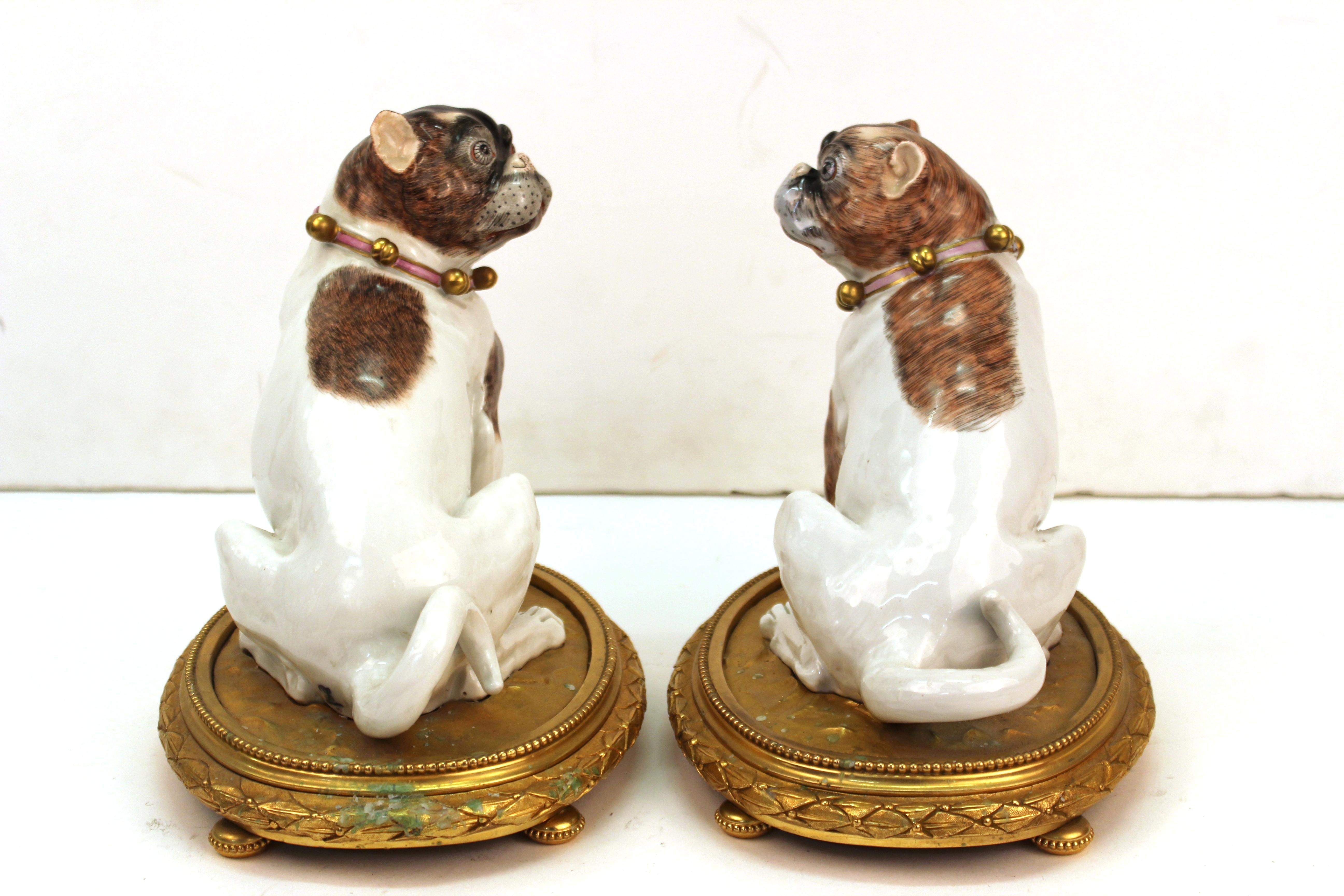 Dresden Porcelain Pug Dog Figures on Gilt Bronze Bases In Good Condition In Astoria, NY