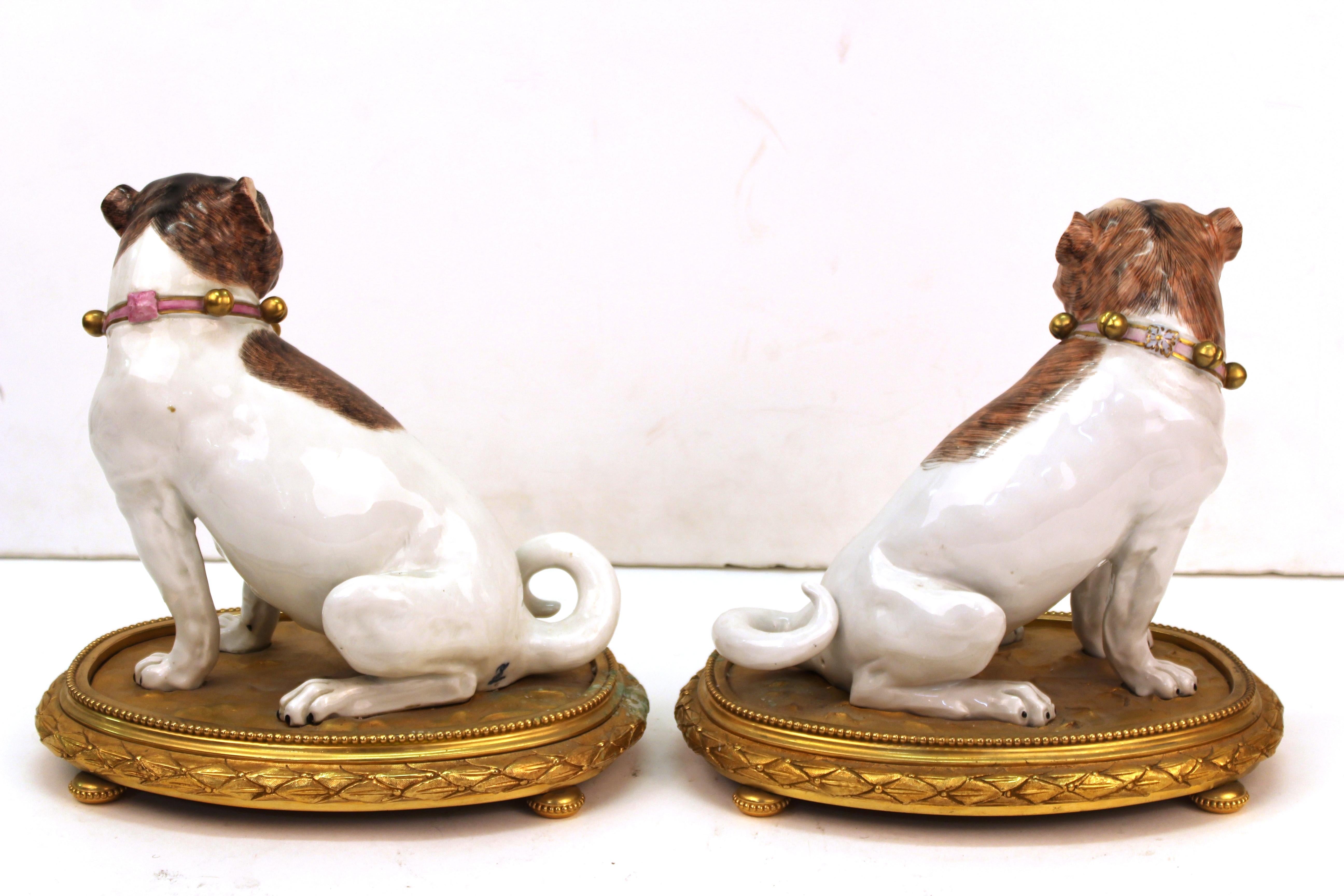 20th Century Dresden Porcelain Pug Dog Figures on Gilt Bronze Bases