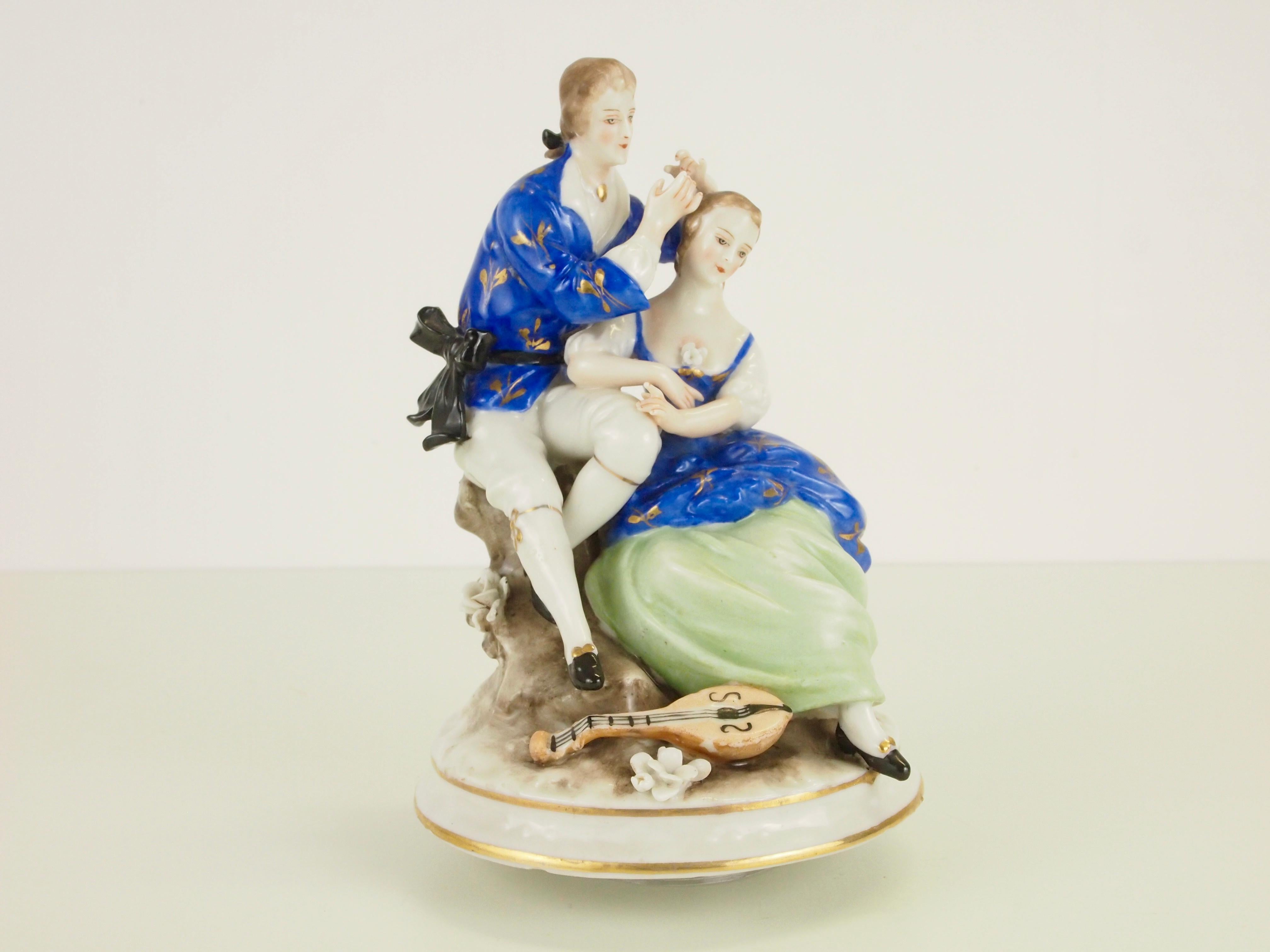 German Dresden Porcelain Romantic Couple Statuette by Ackermann & Fritze For Sale