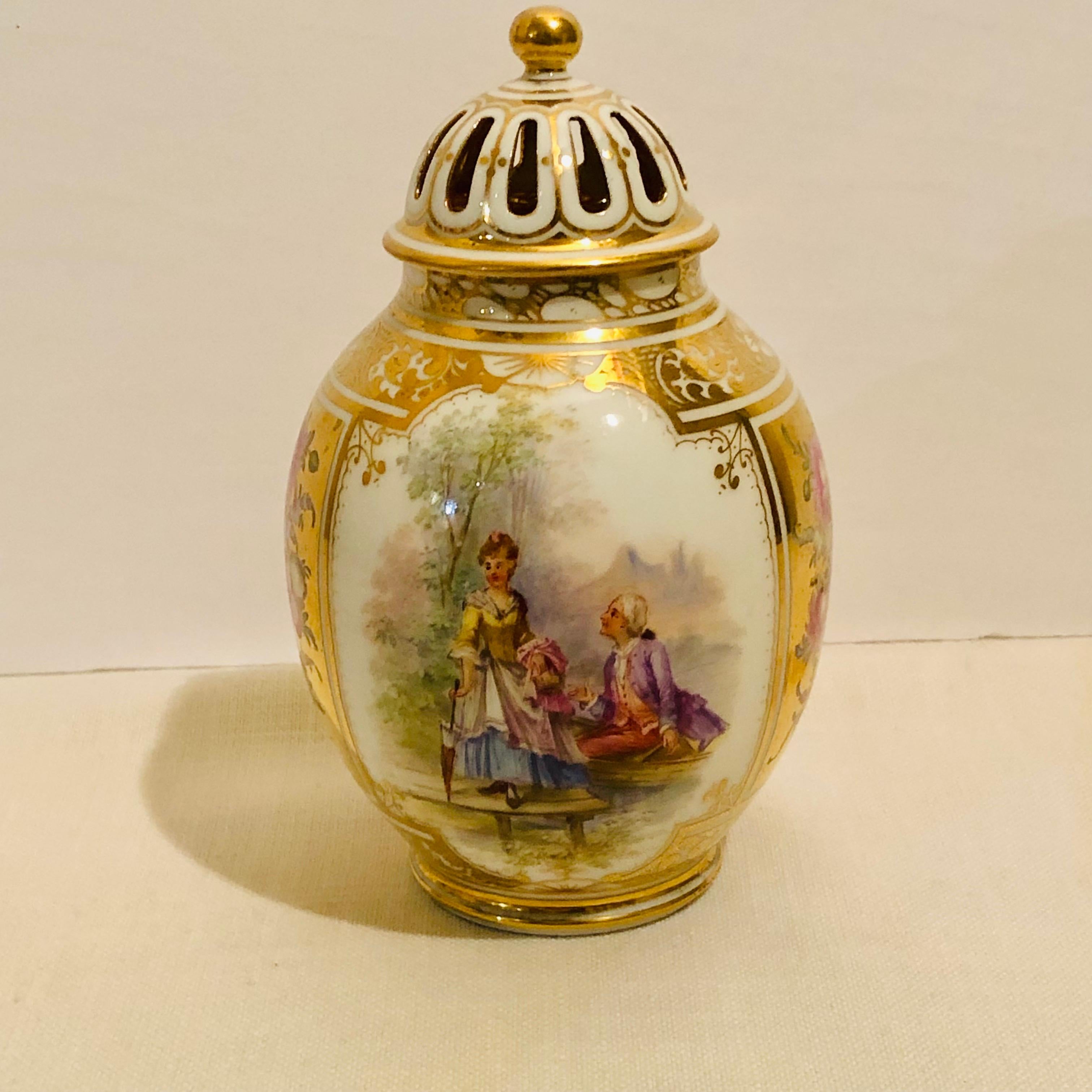 Hand-Painted Dresden Potpourri with Two Paintings of Lovers and Two Flower Bouquets