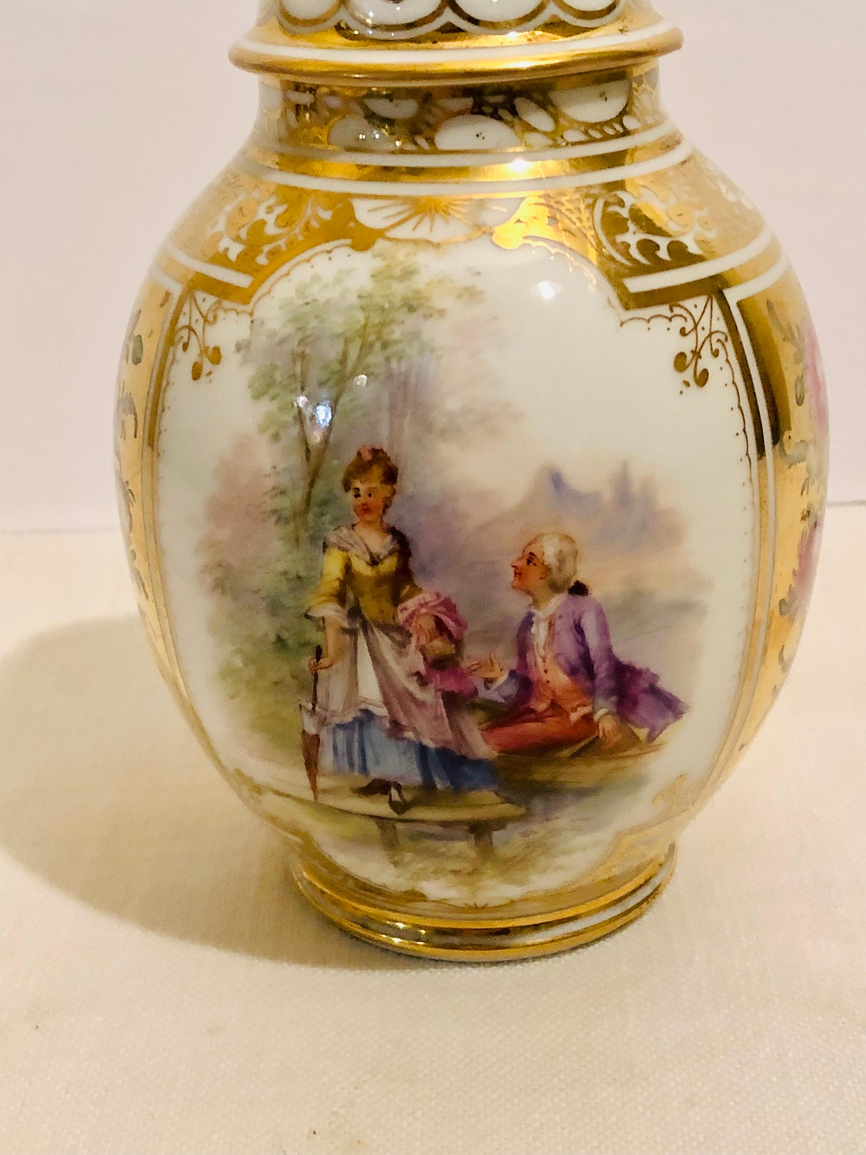 Early 20th Century Dresden Potpourri with Two Paintings of Lovers and Two Flower Bouquets