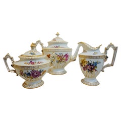 Dresden Tea Set with Hand-Painted Flowers and Raised Figural Faces of Ladies