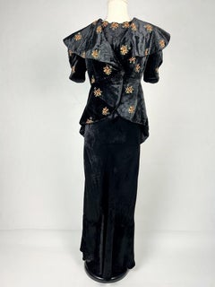 Dress and bolero in painted silk black velvet  - France Circa 1940