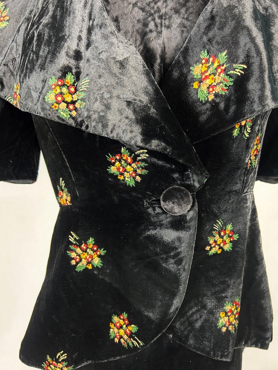 Black Dress and bolero in painted silk black velvet  - France Circa 1940 For Sale