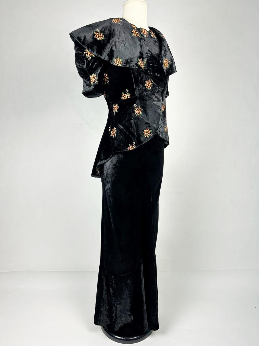 Women's Dress and bolero in painted silk black velvet  - France Circa 1940 For Sale