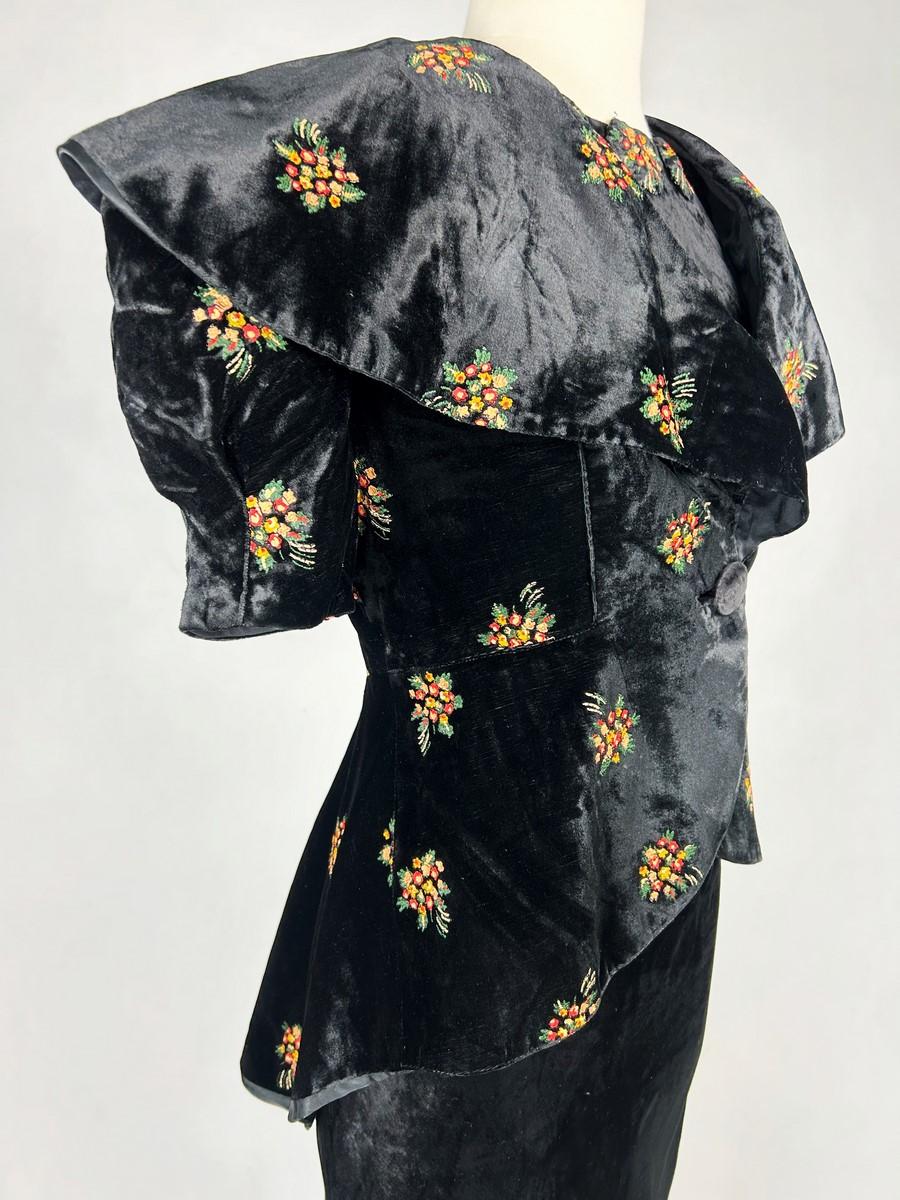 Dress and bolero in painted silk black velvet  - France Circa 1940 For Sale 1