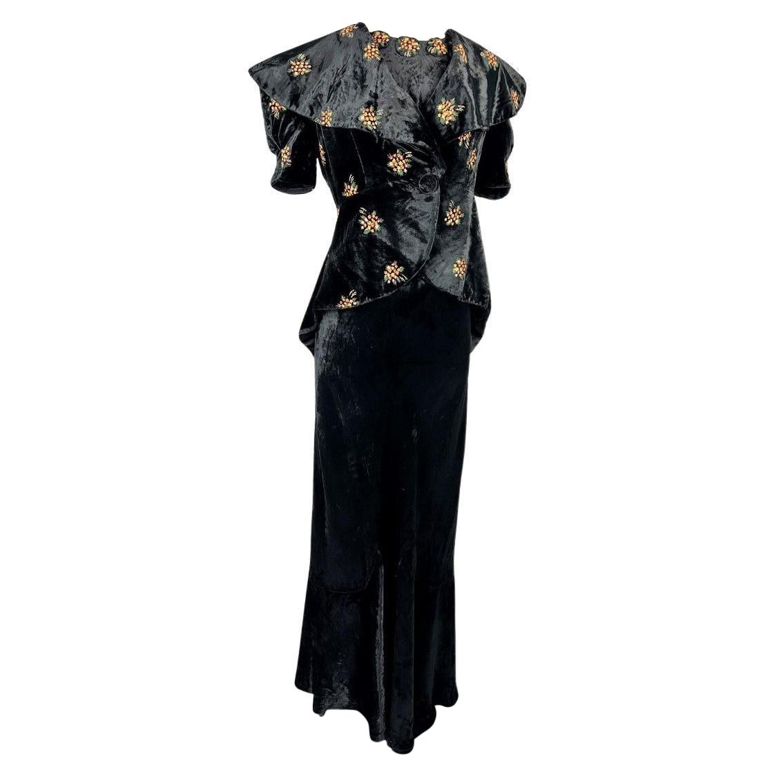 Robe et boléro en soie peinte et velours noir - France vers 1940