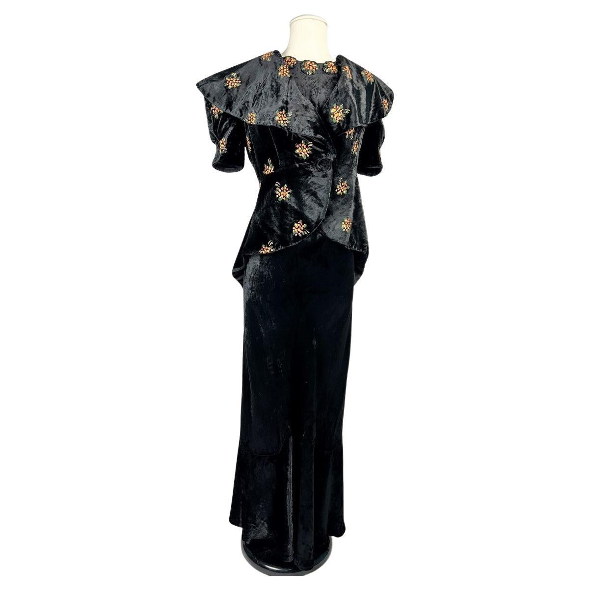Dress and bolero in painted silk black velvet  - France Circa 1940 For Sale
