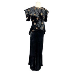 Dress and bolero in painted silk black velvet  - France Circa 1940