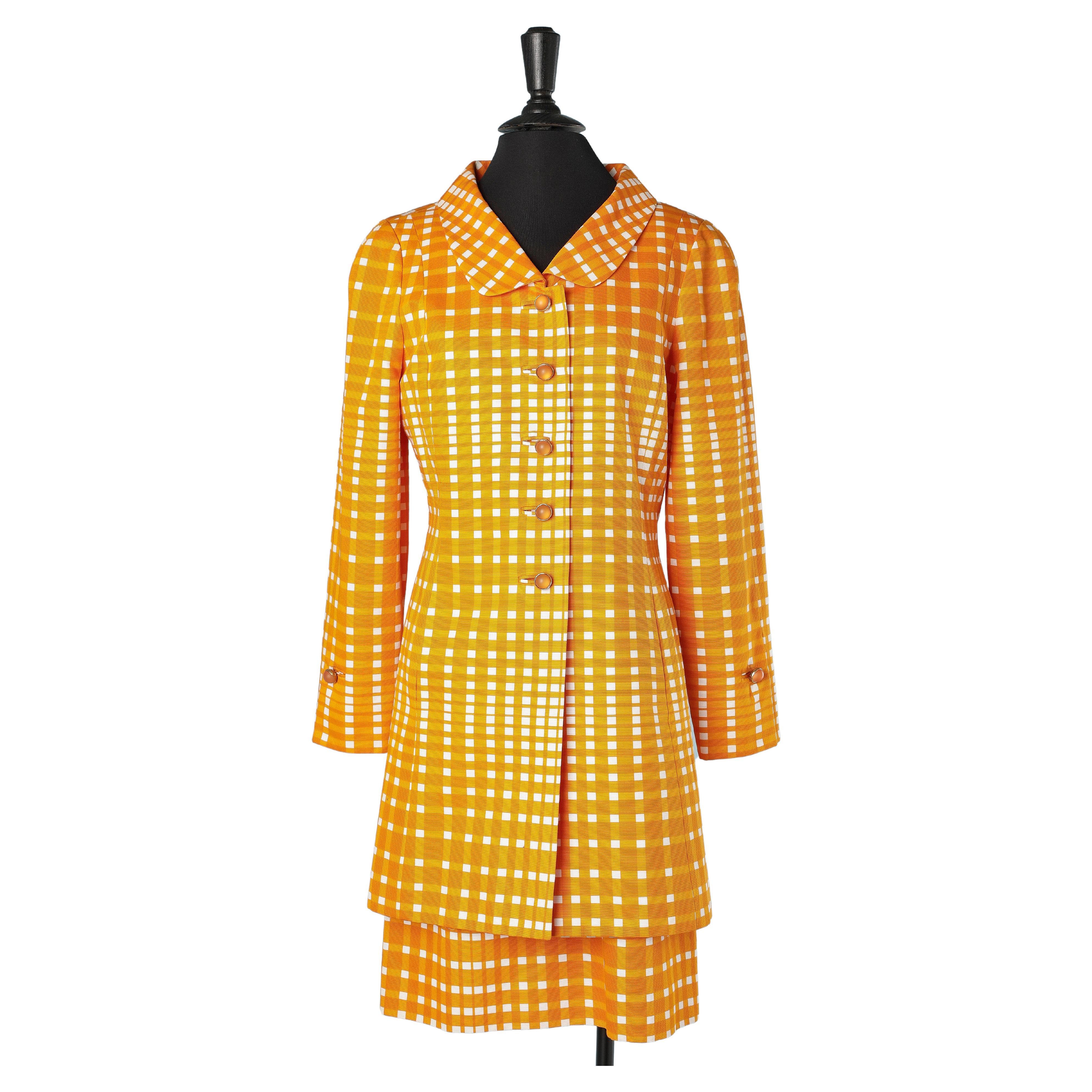 Dress and coat ensemble in white and orange check Nina Ricci Edition Boutique  For Sale