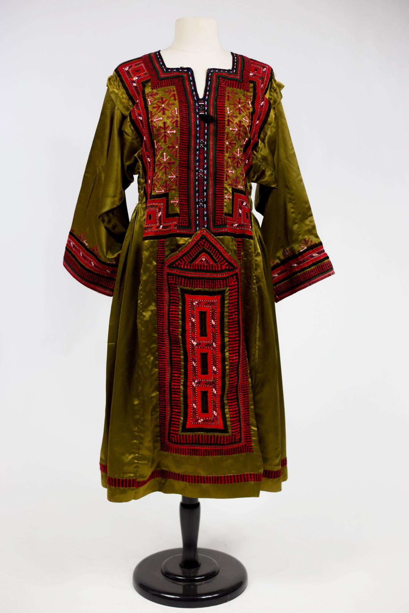 Brown An Ethnic Bronze Satin Blouse Embroidered Dress - India Circa 1970 For Sale