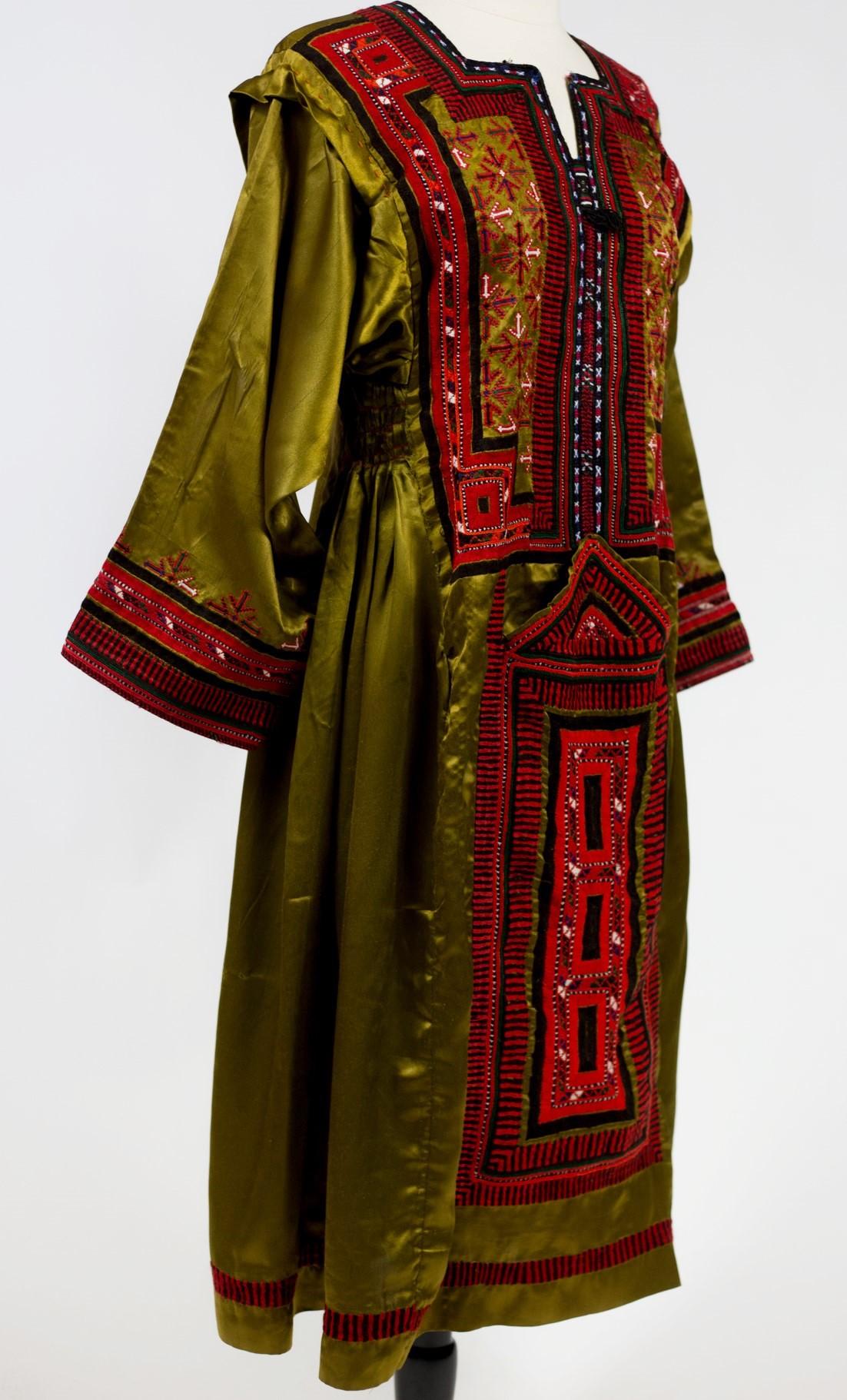 Women's An Ethnic Bronze Satin Blouse Embroidered Dress - India Circa 1970 For Sale