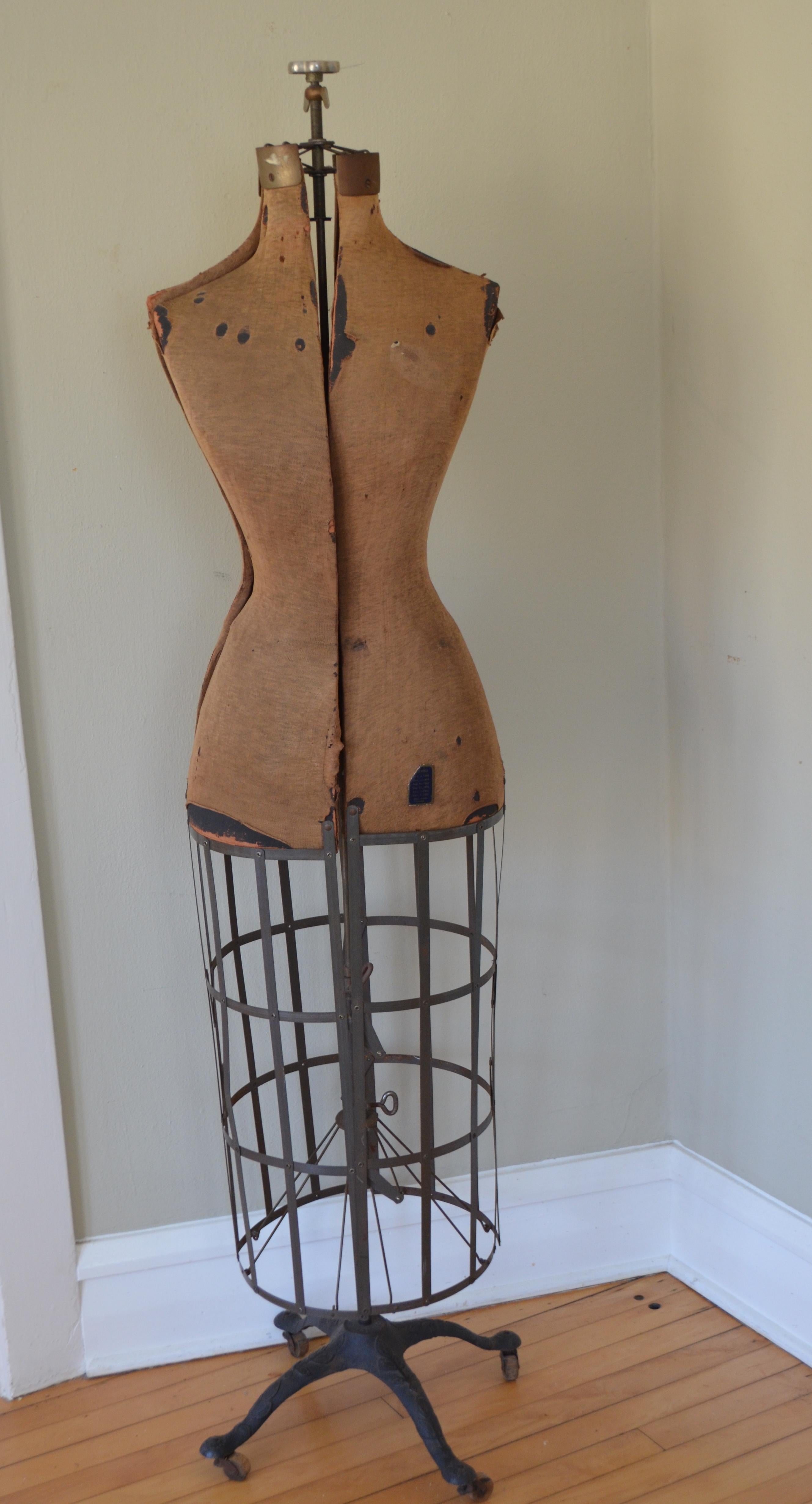 Dress form, early 1900s, from the Edwardian era. Adjustable on wheels. Beautifully sculptured, stunningly dramatic. Once knew a woman who attired one of our dress forms daily with a new outfit from her closet of highly-fashionable couture. This form