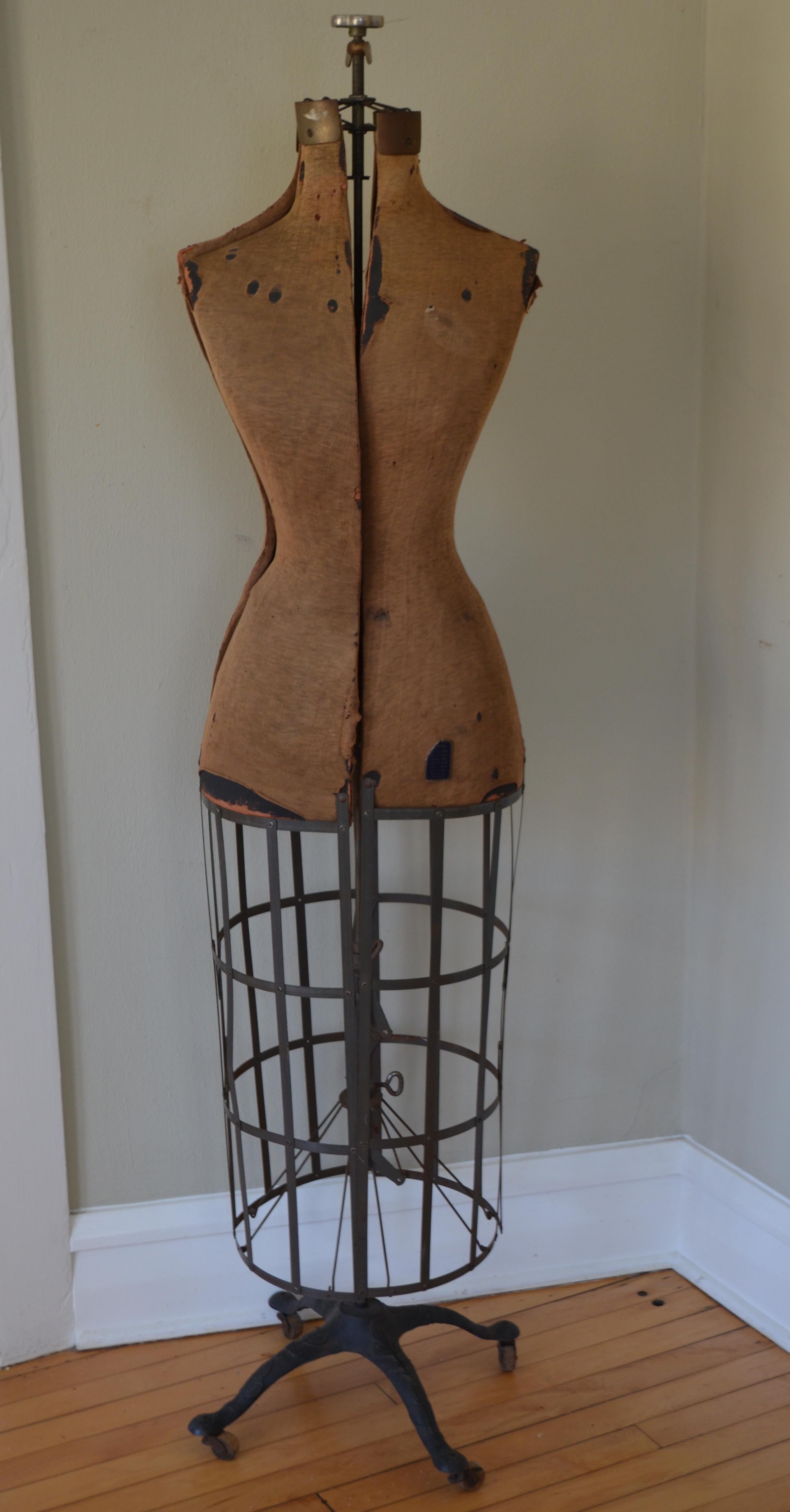 American Dress Form from Edwardian Era, Early 1900s, Adjustable Height on Wheels