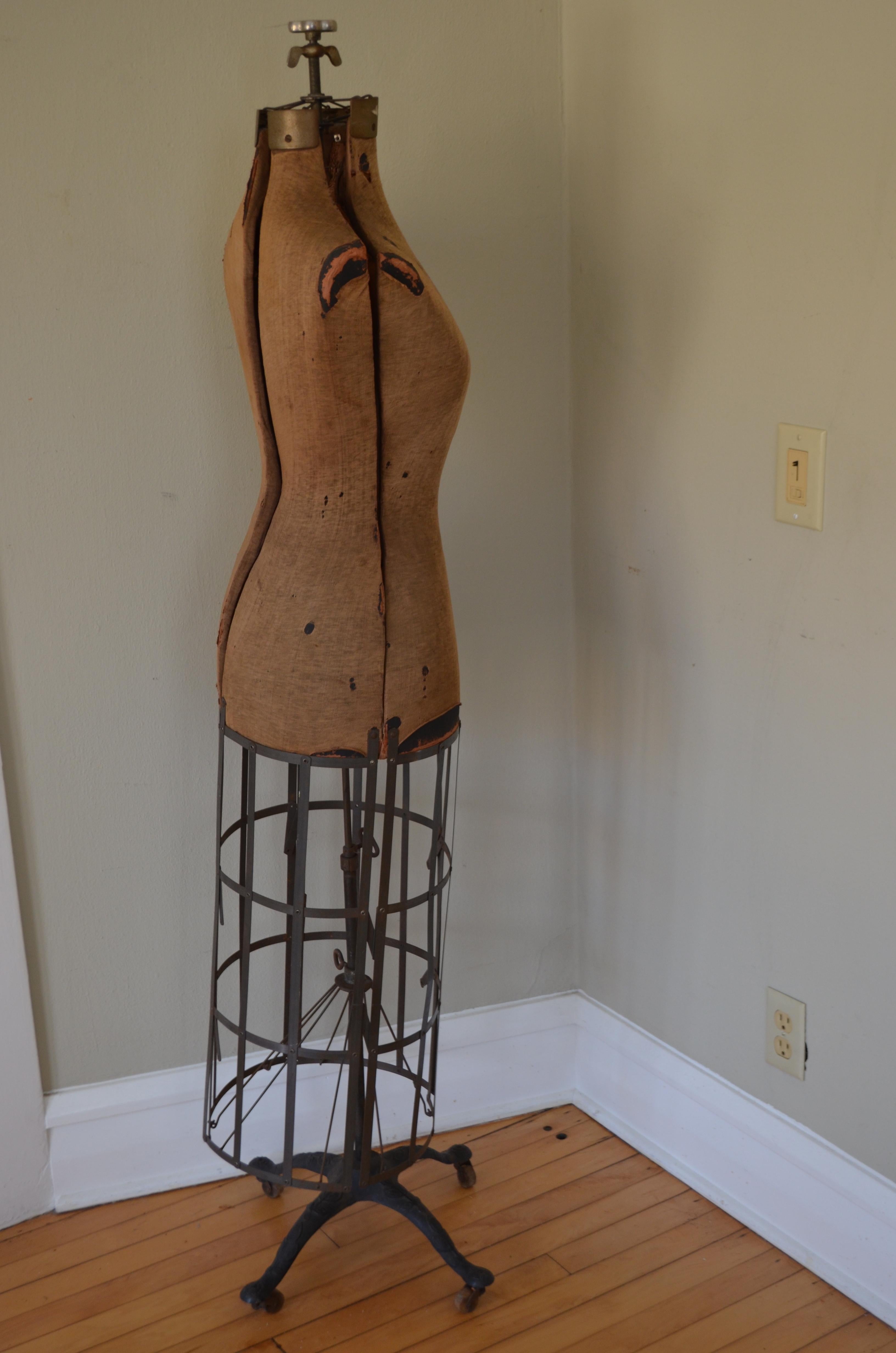 Steel Dress Form from Edwardian Era, Early 1900s, Adjustable Height on Wheels