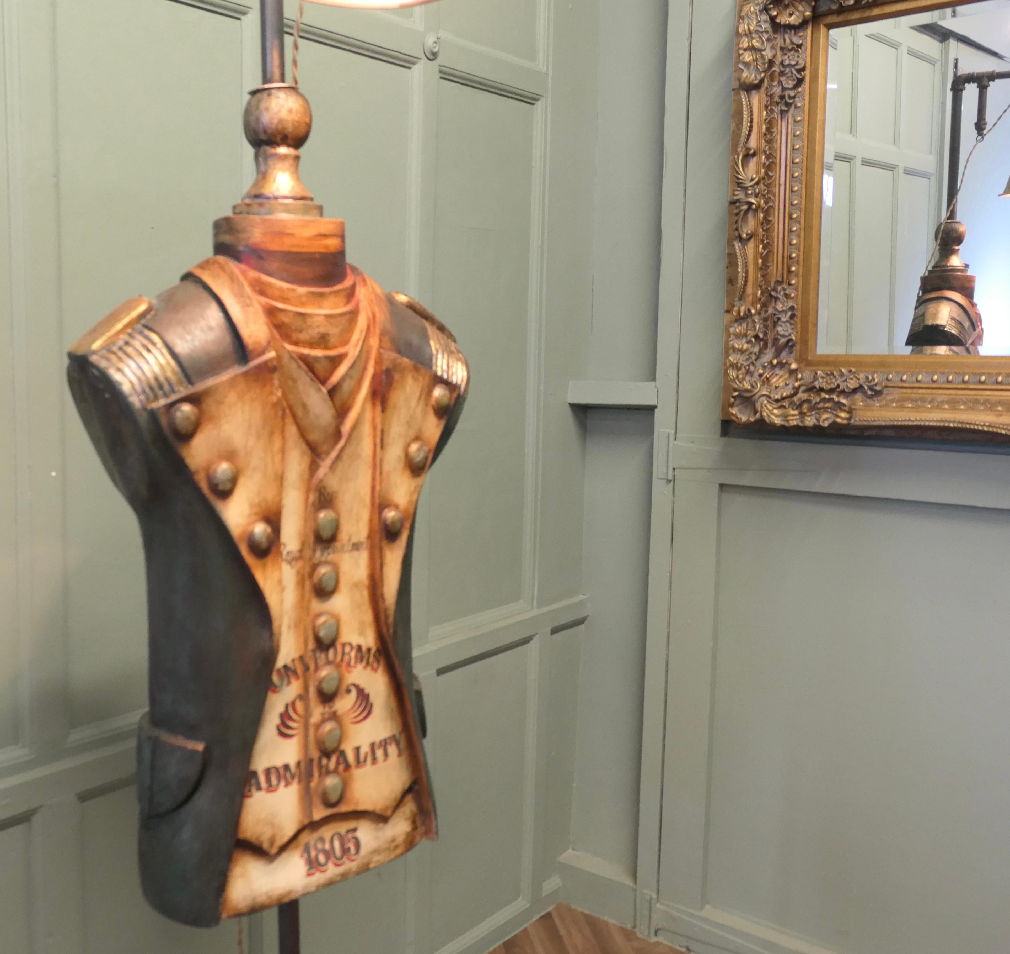 British Colonial Dressed Navy Sculpture, Floor Lamp  A Fibreglass mannequin in 19th Century dress For Sale