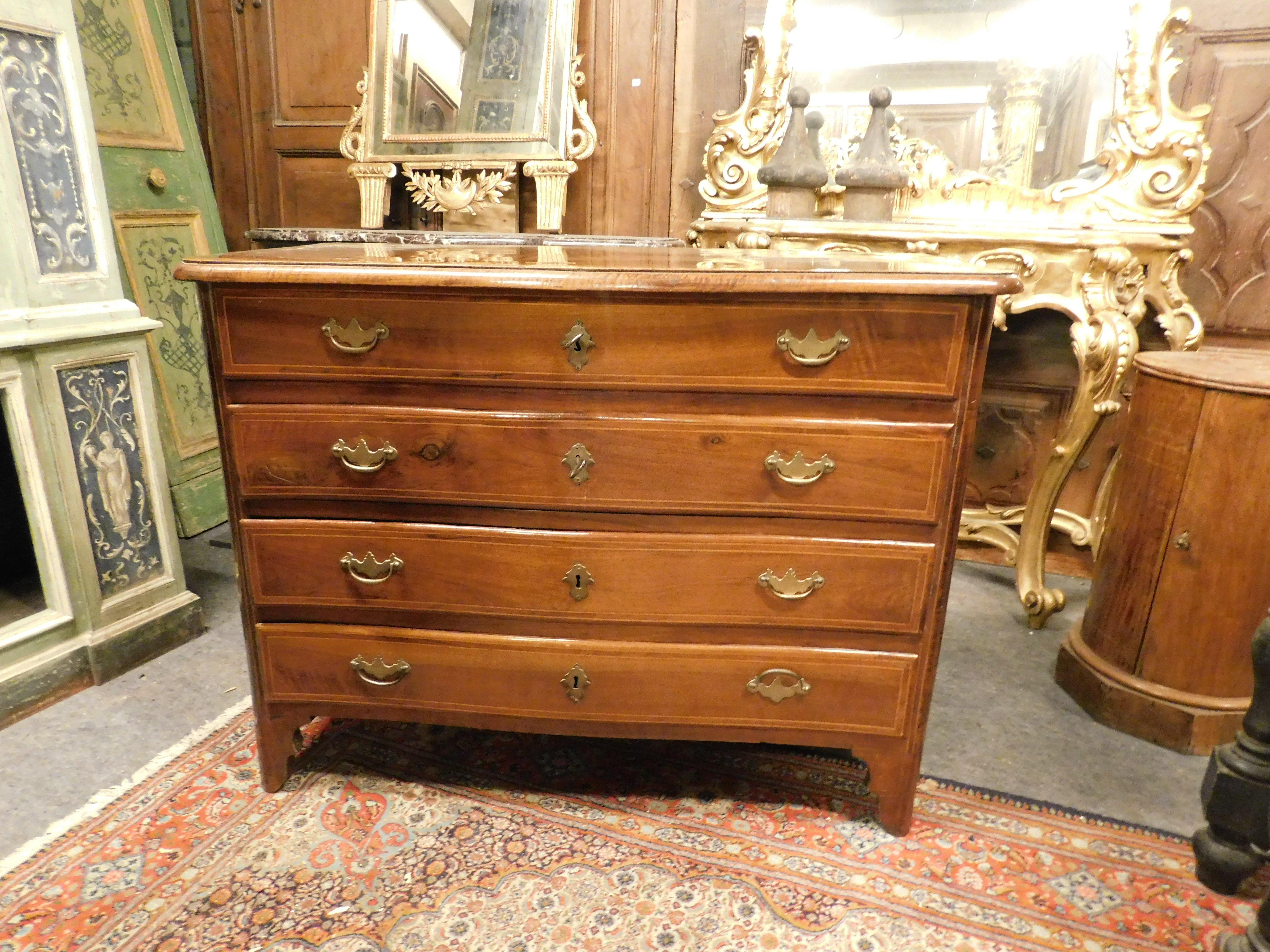 Hand-Carved Dresser, chest of drawers in walnut, veneered and inlaid, Italy For Sale