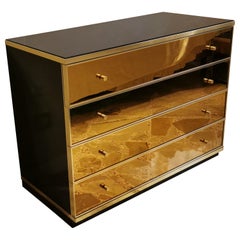 Dresser Chest of Drawers Mirrored Glass Black Wood Renato Zevi Midcentury 1970s