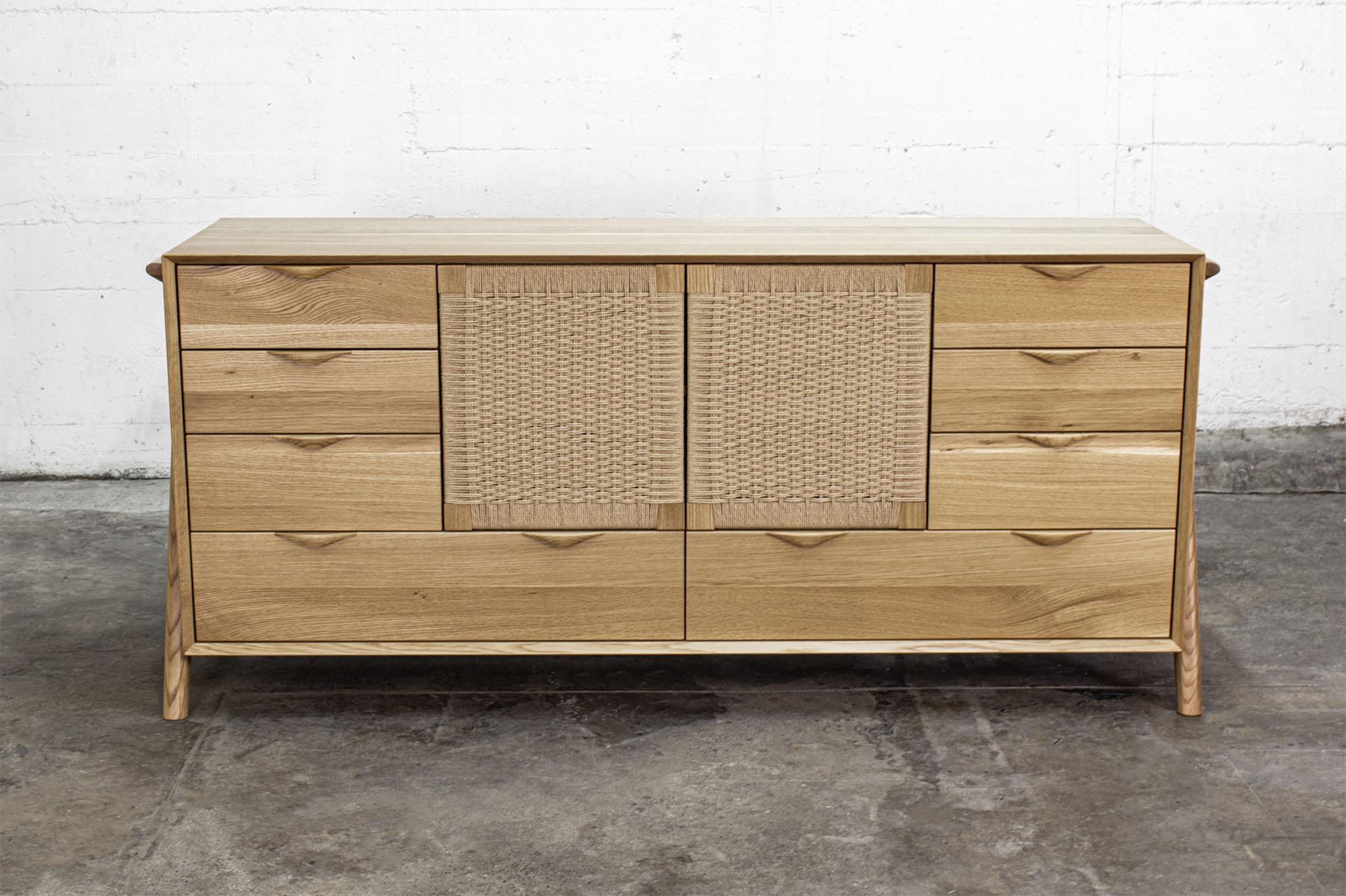Contemporary Dresser, Hardwood, Lowboy, Danish Cord, Woven Doors, Drawers, Midcentury Style For Sale