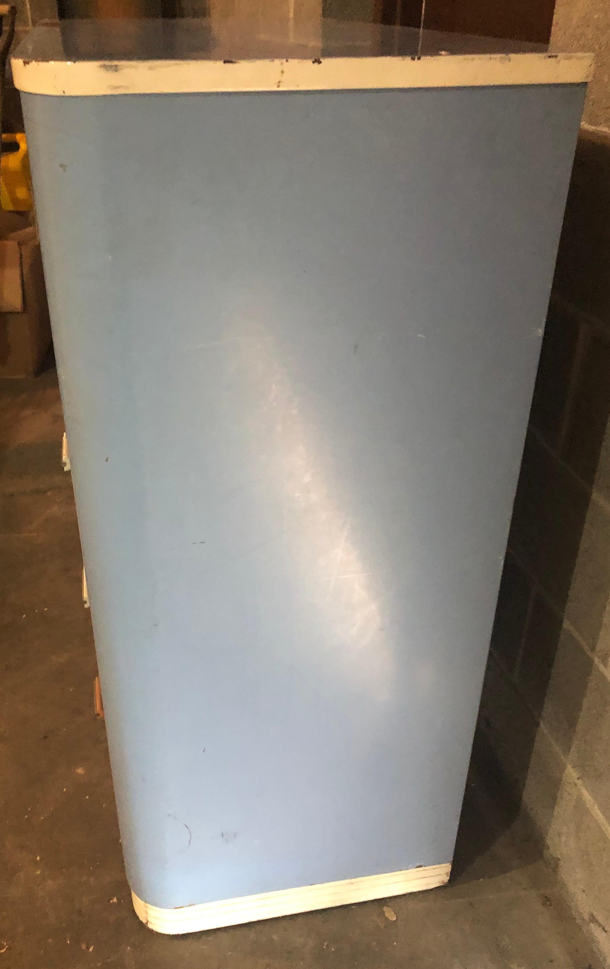 American Dresser Highboy by Norman Bel Geddes for Simmons circa 1930s baby blue and white For Sale