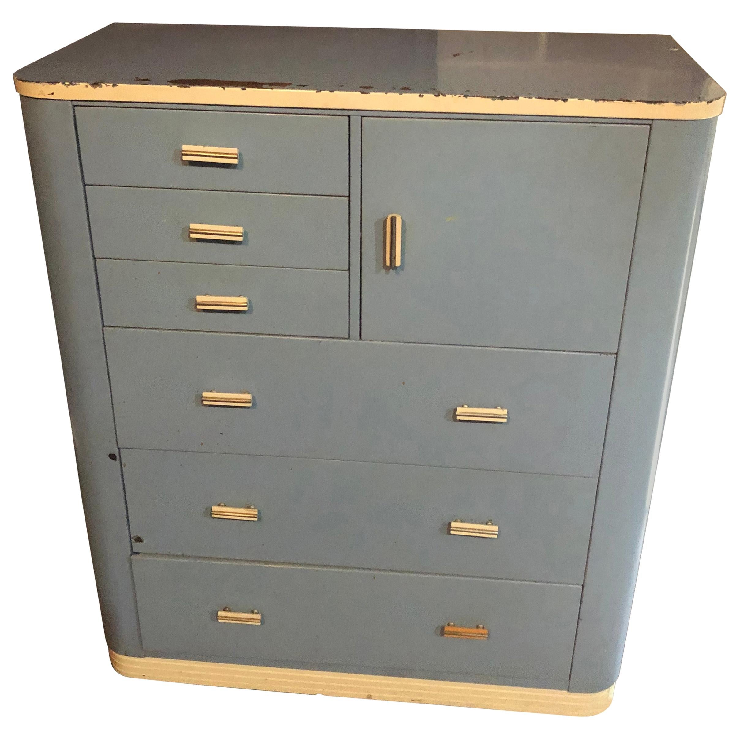 Dresser Highboy by Norman Bel Geddes for Simmons circa 1930s baby blue and white For Sale