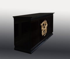 Art Furniture Hand-Gilded Chinoiserie Credenza, High-Gloss Ebony with Gold Leaf