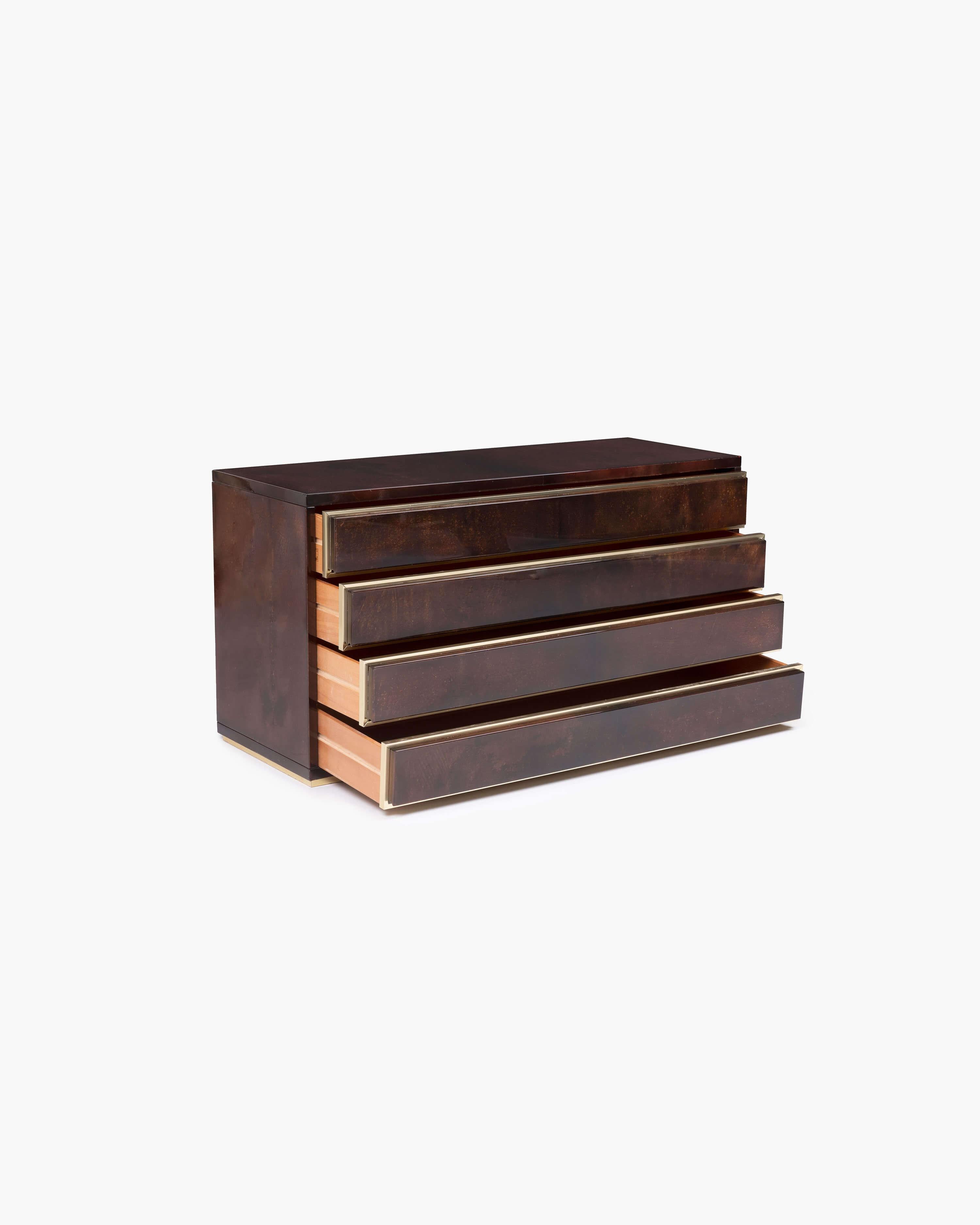 This lacquered goatskin dresser, in the style of Aldo Tura, was designed for Salpol. Having earned the moniker, 
