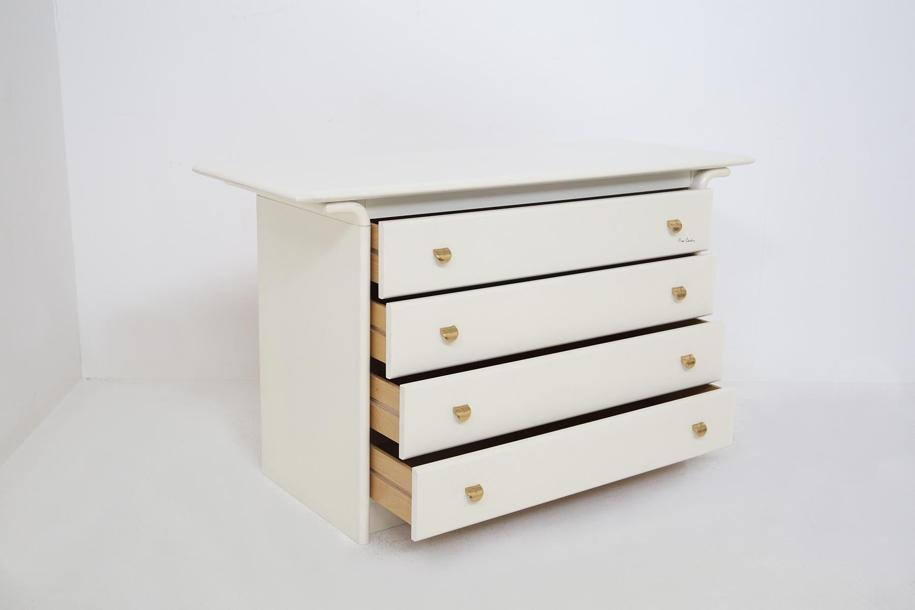 Brass Dresser in White Lacquered Wood by Pierre Cardin, Original Signature For Sale