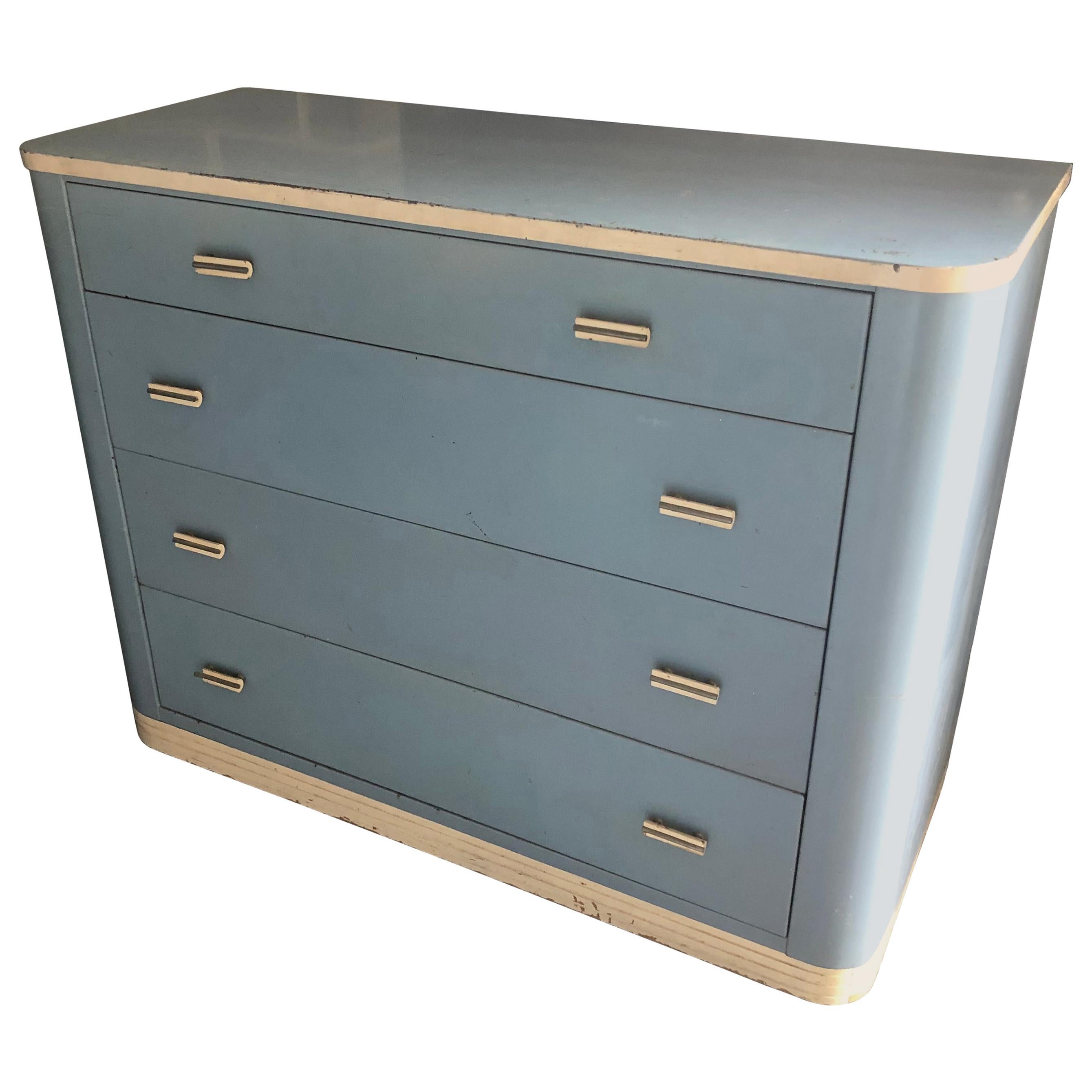Dresser Lowboy by Norman Bel Geddes for Simmons circa 1930s, Baby Blue and White For Sale