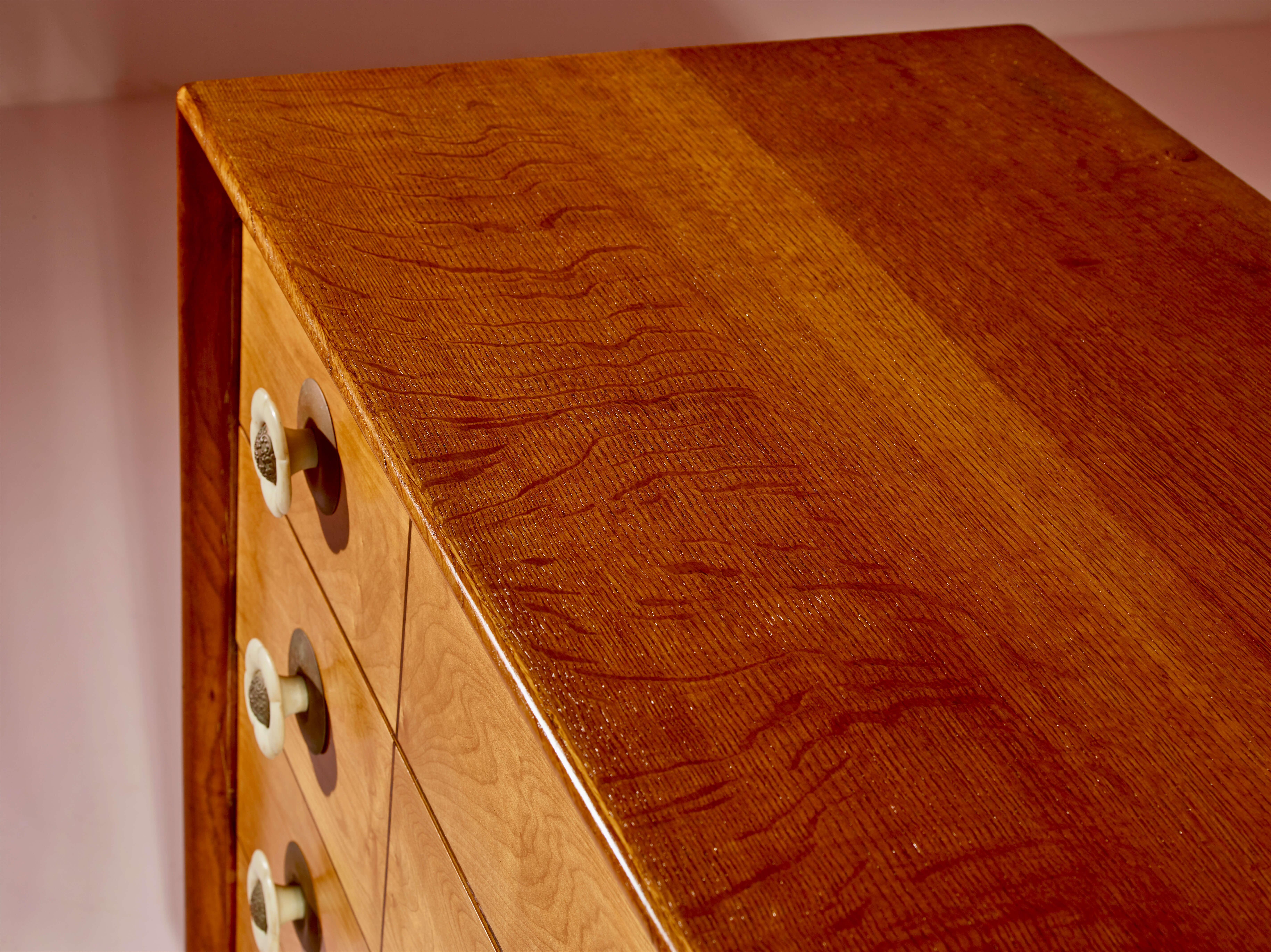 Dresser with Four Drawers and Mirror, Oak Structure, Maple Drawers, Italy, 1940s 3