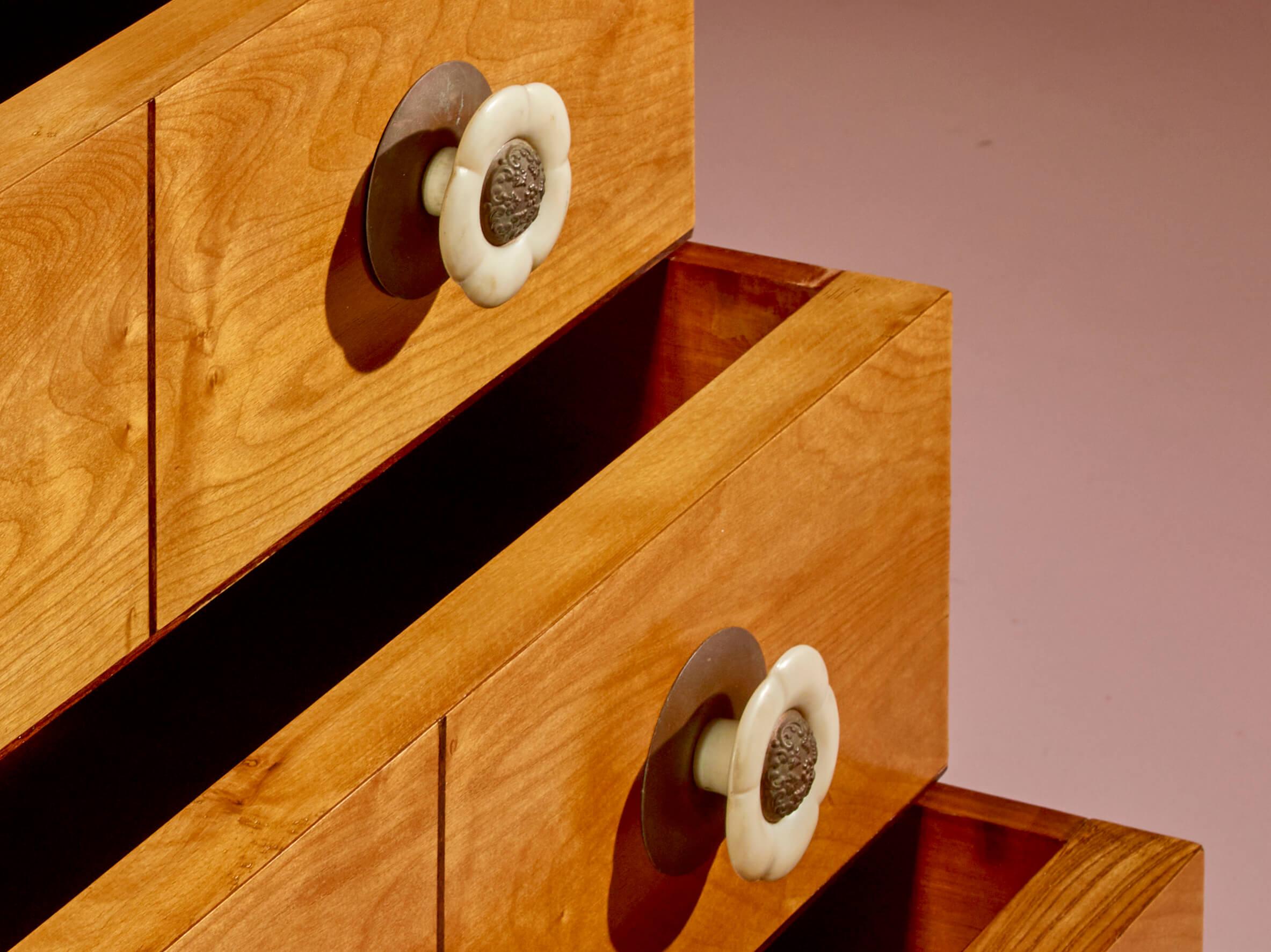 Dresser with Four Drawers and Mirror, Oak Structure, Maple Drawers, Italy, 1940s 4