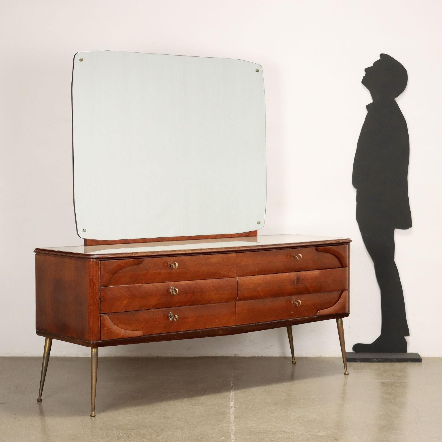 Dresser with mirror; exotic wood veneer, back treated glass top, brass legs.