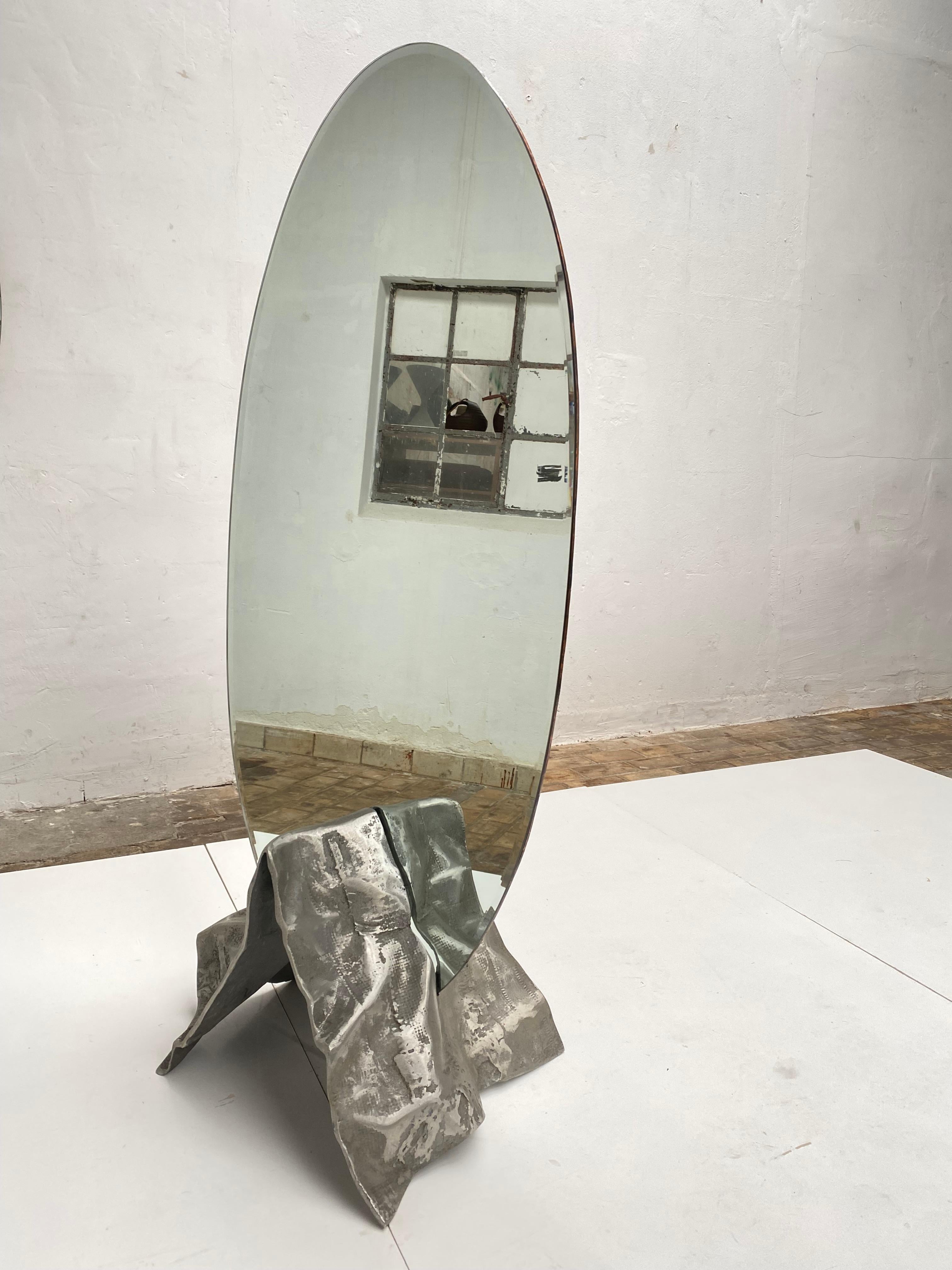 Dressing Mirror by Burchiellaro with Sculptural Form Cast Aluminum Base, 1970 For Sale 1