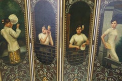 Dressing Screen, Four-Panel Chinoiserie with Painted Figures, Vintage, Antique
